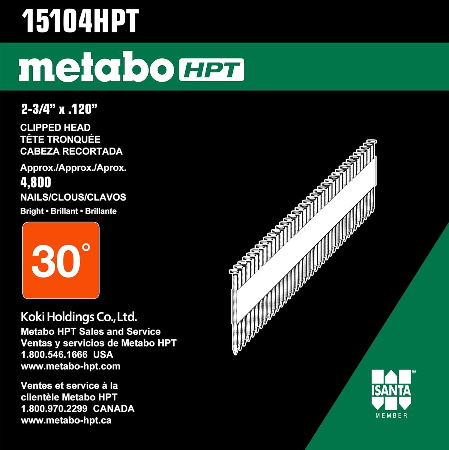 Metabo HPT Framing Nails, 2-3/4-Inch x .120, Paper Tape, Clipped Head, RG, BS, CLH, 4800 Count (15104HPT)