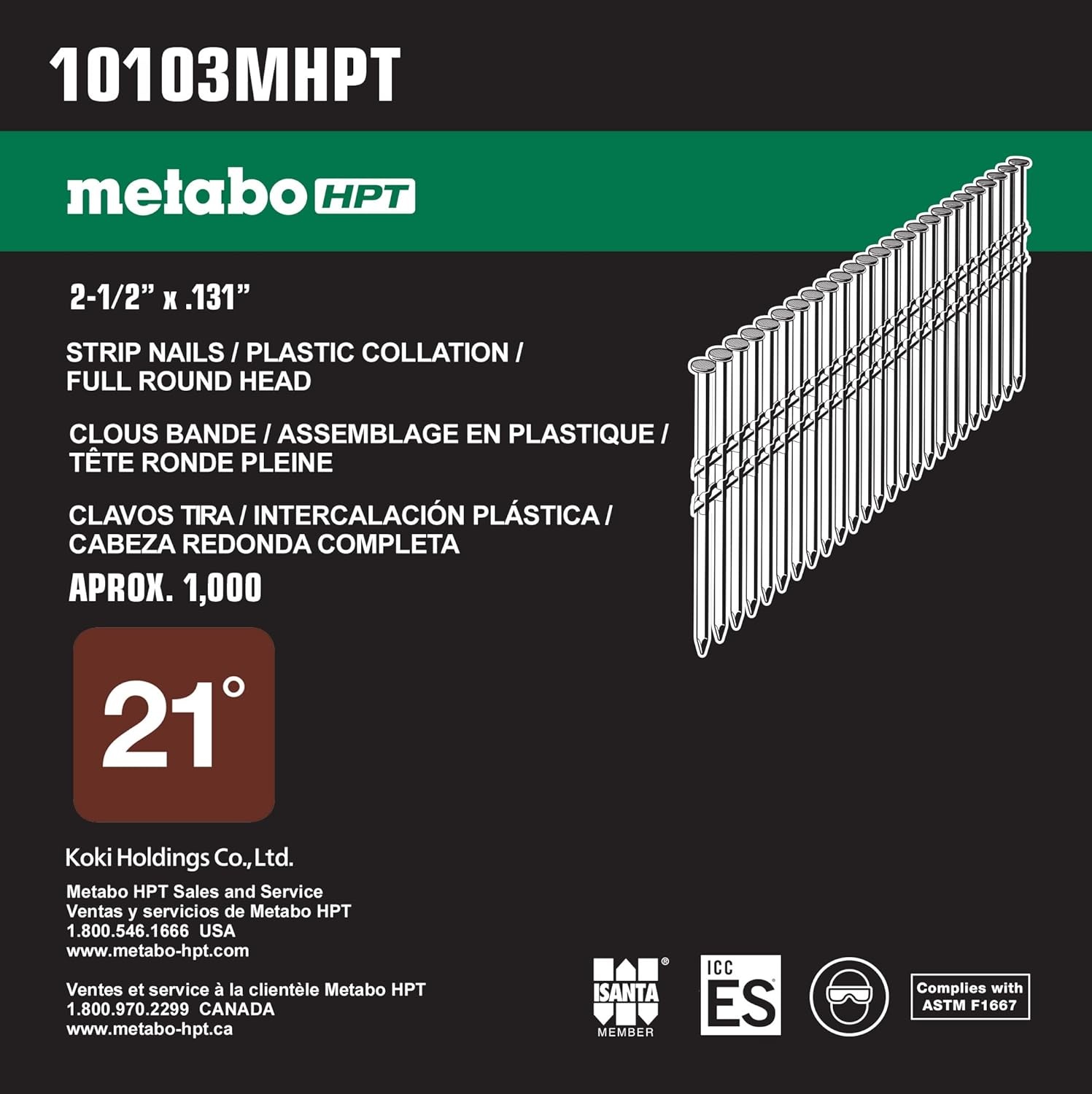 Metabo HPT Framing Nails | 2-3/8 in. x 0.113 | 21 Degree | Full Round Head | Ring Shank | Bright Basic | 2,000 Count | 10103MHPT