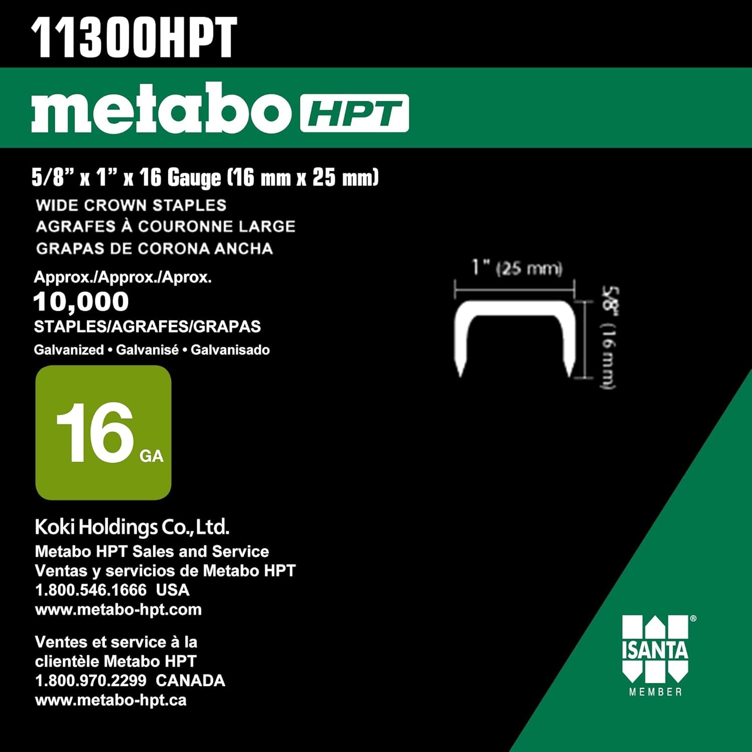 Metabo HPT 11300HPT 16 Gauge Galvanized Roofing Staples 1″ x 5/8″ | 10000 Count