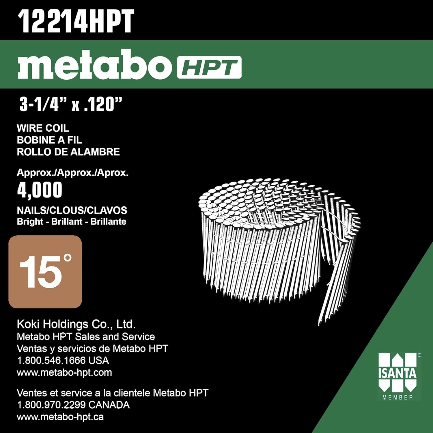 Metabo HPT 12214HPT Full Round Head Brite Basic Wire Coil Framing Nails 3-1/4″ x .120 SC | 4000 Count
