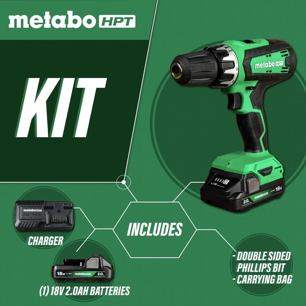 Metabo HPT 18V Cordless Drill Driver Kit, 1/2-Inch Keyless Chuck, Compact Power Drill Driver with 2.0Ah Lithium-Ion Metabo Battery, Charger and Bag, Powerful 470 in-lbs Torque, Two Speed Gear, DS18DFX(DS18DFX Only)