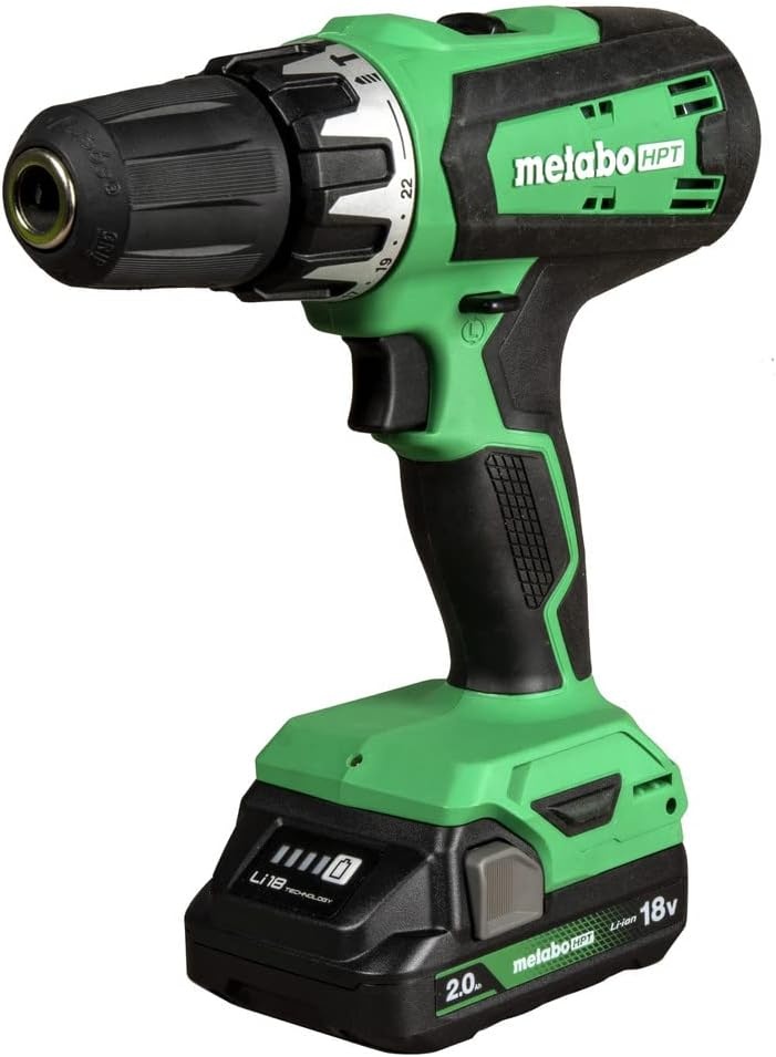 Metabo HPT 18V Cordless Drill Driver Kit, 1/2-Inch Keyless Chuck, Compact Power Drill Driver with 2.0Ah Lithium-Ion Metabo Battery, Charger and Bag, Powerful 470 in-lbs Torque, Two Speed Gear, DS18DFX(DS18DFX Only)
