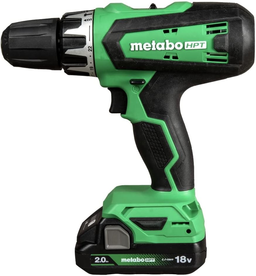 Metabo HPT 18V Cordless Drill Driver Kit, 1/2-Inch Keyless Chuck, Compact Power Drill Driver with 2.0Ah Lithium-Ion Metabo Battery, Charger and Bag, Powerful 470 in-lbs Torque, Two Speed Gear, DS18DFX(DS18DFX Only)