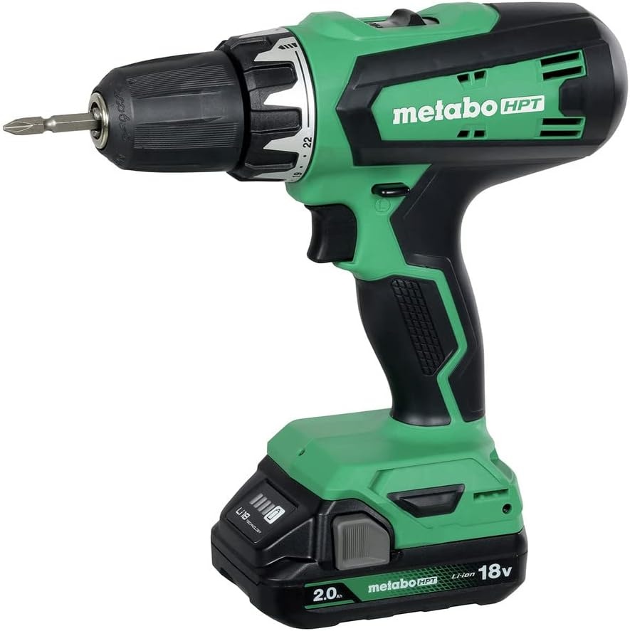 Metabo HPT 18V Cordless Drill Driver Kit, 1/2-Inch Keyless Chuck, Compact Power Drill Driver with 2.0Ah Lithium-Ion Metabo Battery, Charger and Bag, Powerful 470 in-lbs Torque, Two Speed Gear, DS18DFX(DS18DFX Only)