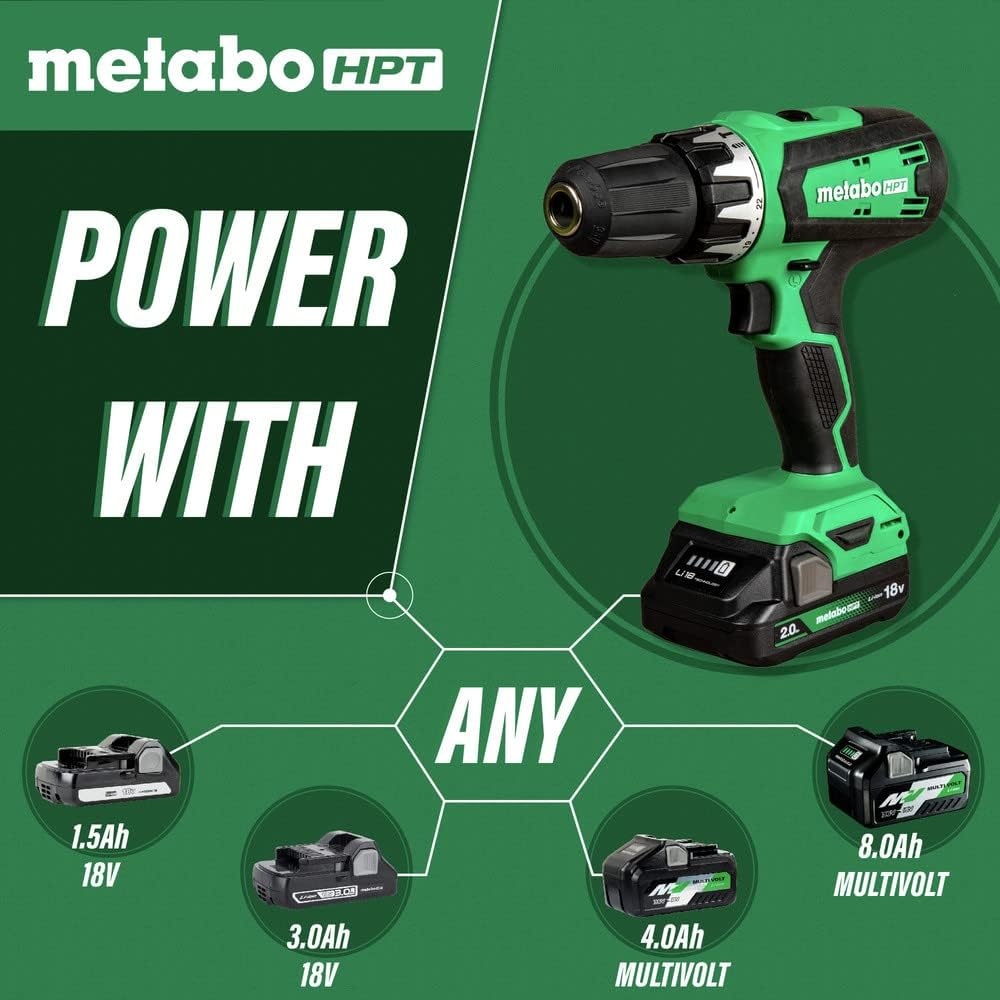 Metabo HPT 18V Cordless Drill Driver Kit, 1/2-Inch Keyless Chuck, Compact Power Drill Driver with 2.0Ah Lithium-Ion Metabo Battery, Charger and Bag, Powerful 470 in-lbs Torque, Two Speed Gear, DS18DFX(DS18DFX Only)