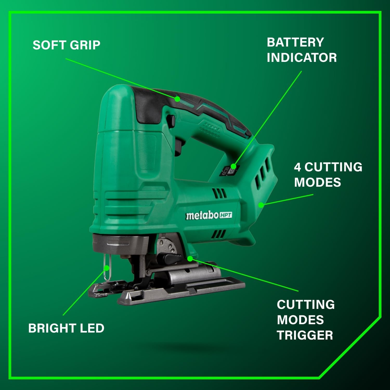 Metabo HPT 18V Cordless Jig Saw, Lightweight Design at 4.2 lbs, 2,500 Strokes Per Minute, 4 Cutting Modes, Tool-Less Blade Change, LED Light, Dust Blower, Tool Body Only, C3607DBQ4