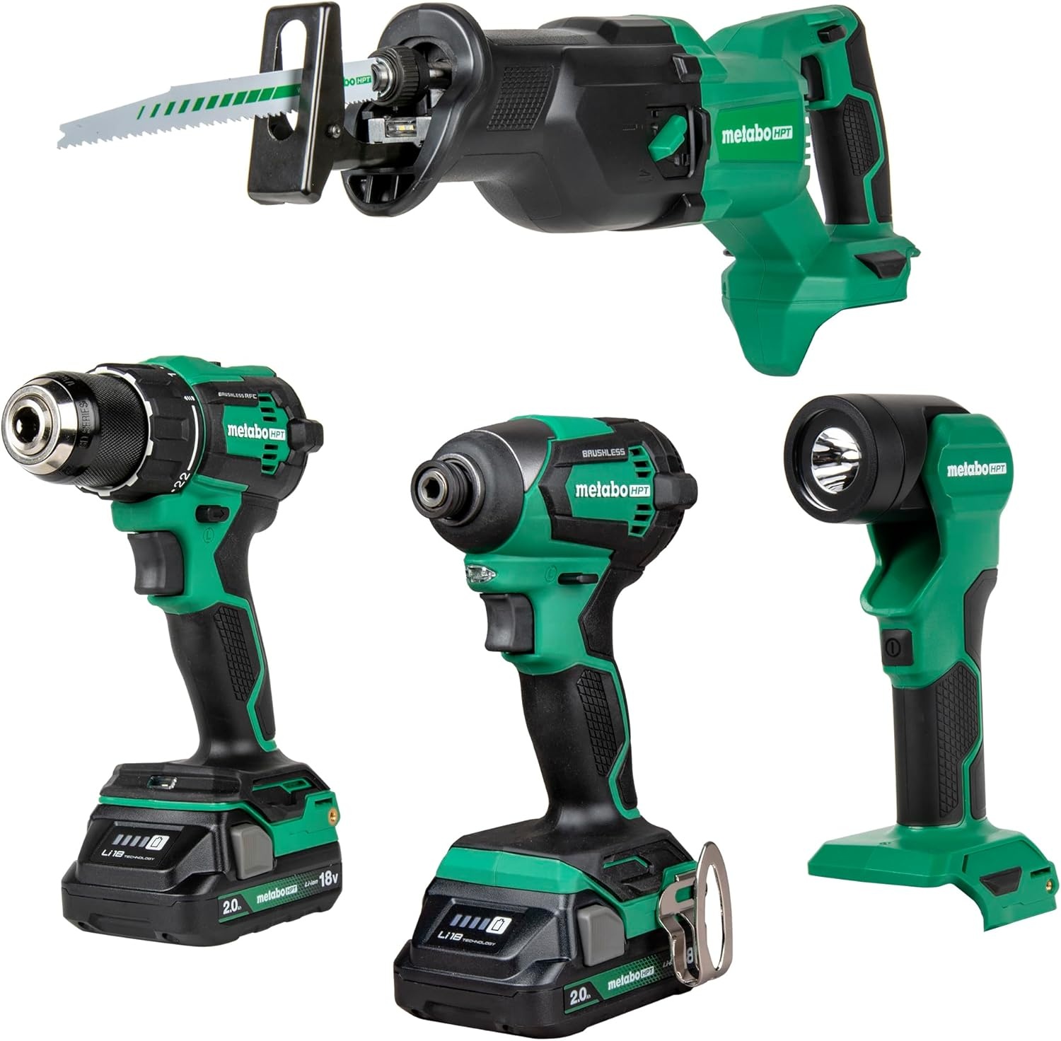 Metabo HPT 18V MultiVolt™ Cordless Driver Drill, Impact Driver, Reciprocating Saw, and Torchlight 4-Pc Combo Kit | Includes 2-18V 2.0Ah Batteries | Lifetime Tool Warranty | KC18DEX4