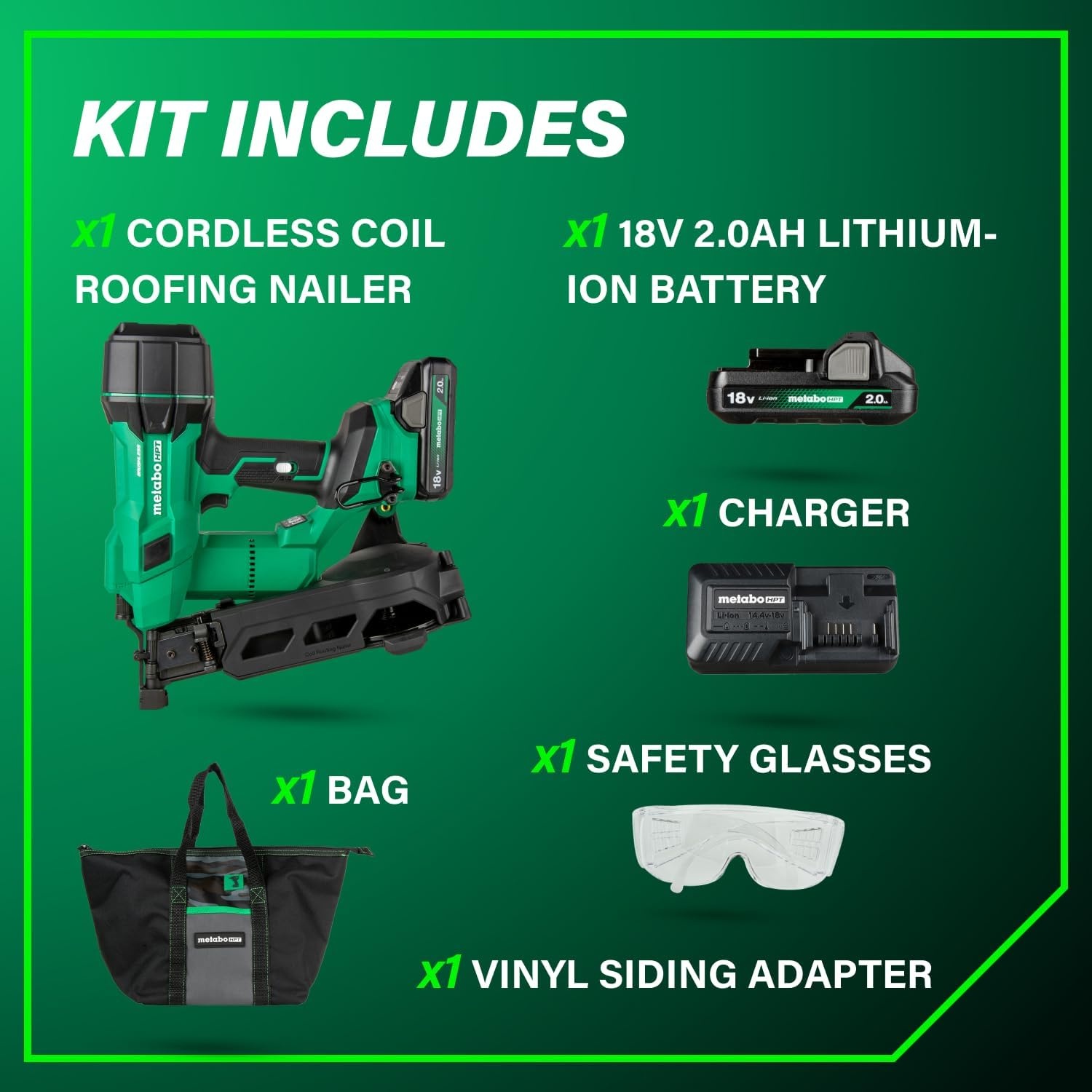 Metabo HPT 18V MultiVolt Brushless Cordless Coil Roofing Nailer Kit, 1-3/4″ Coil Roofing Nailer with Power Tool 2.0Ah Lithium Ion Battery, Drives 7/8″ to 1-3/4″ Nails, NV1845DA(NV1845DA)