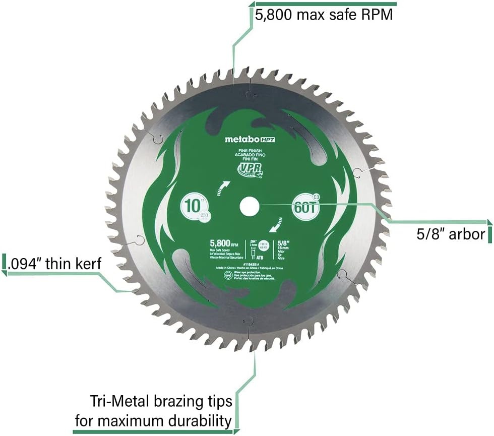 Metabo HPT 10-Inch Miter Saw/Table Saw Blade, 60T, Fine Finish, 5/8″ Arbor, Large Micrograin Carbide Teeth, 5800 Max RPM, 115435M