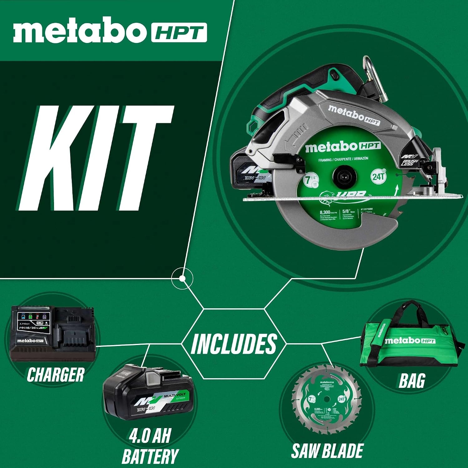 Metabo HPT 36V MultiVolt™ 7-1/4-Inch Circular Saw w/Torque Boost Technology, C3607DB(No Size)