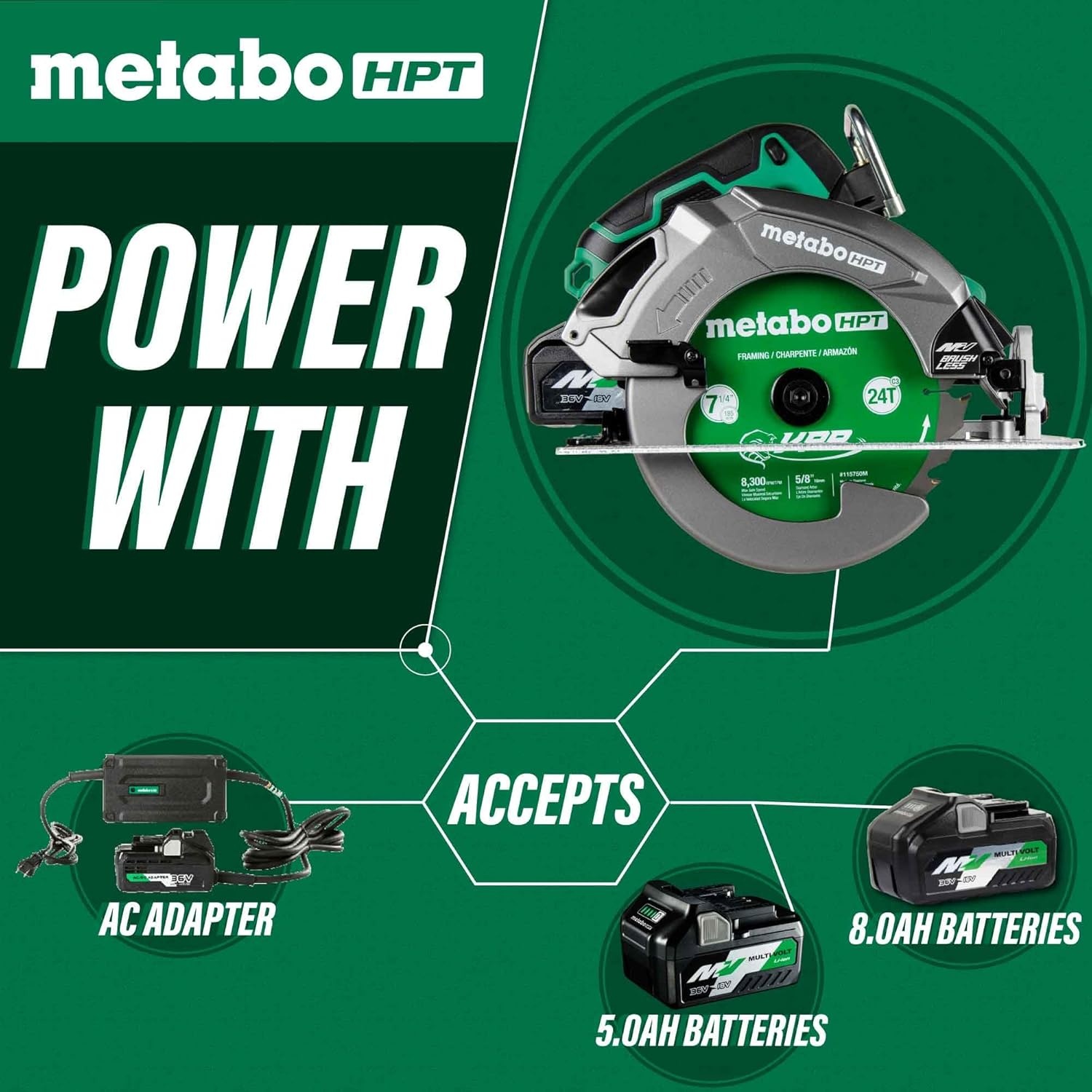 Metabo HPT 36V MultiVolt™ 7-1/4-Inch Circular Saw w/Torque Boost Technology, C3607DB(No Size)