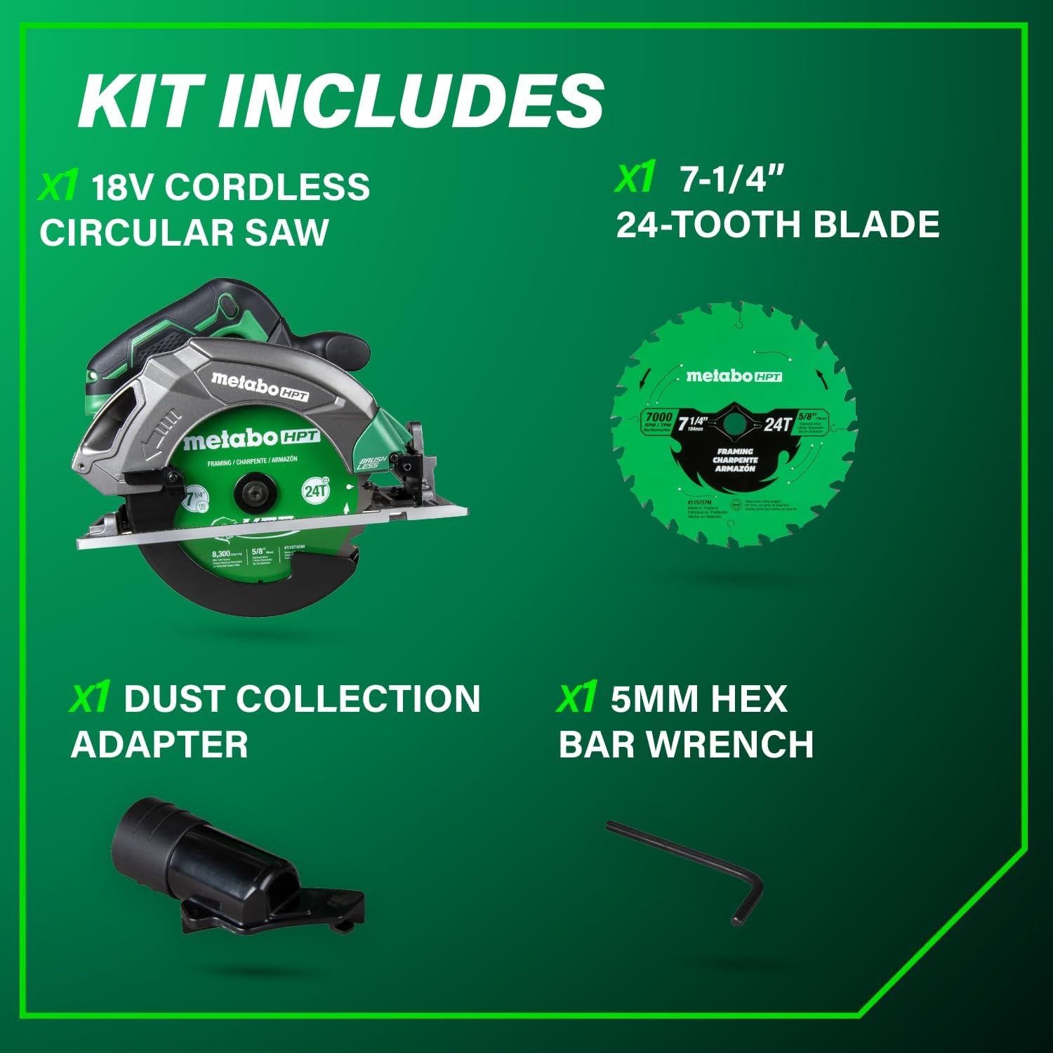 Metabo HPT 18V MultiVolt 7-1/4 Inch Cordless Circular Saw, High Torque, Lightweight Design, Up to 200 2×4 Cuts/Charge, Accepts 18V and 36V MultiVolt Metabo HPT Batteries, Tool Body Only, C1807DAQ4(C1807DAQ4 Only)