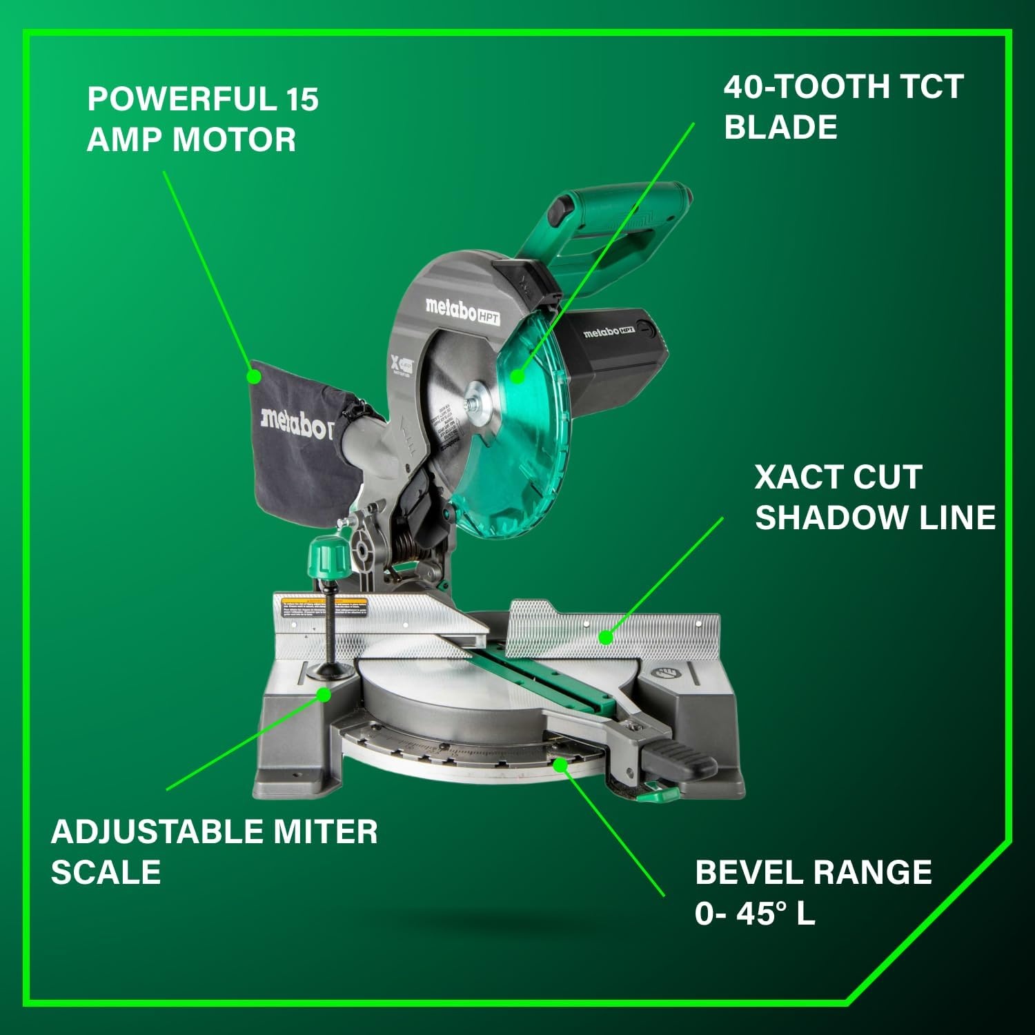 Metabo HPT 10-Inch Single Bevel Compound Miter Saw, 15-Amp Power Saw with Xact Cut Shadow Line, Precision Miter Angles, Single Bevel 0-45°, 40T TCT Miter Saw Blade, Lightweight Design, C10FCG2(C10FCG2 – Next Gen Model)
