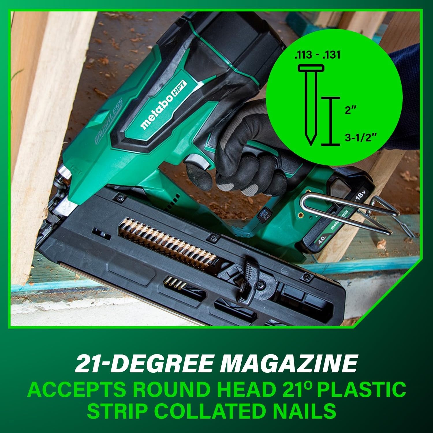Metabo HPT 18V MultiVolt Cordless 21° Framing Nailer Kit, 3-1/2″ Plastic Strip Framing Cordless Nailer, Power Tool with 4.0Ah Lithium Ion Battery, Drives 2″ to 3-1/2″ Nails, NR1890DRA(NR1890DRST)