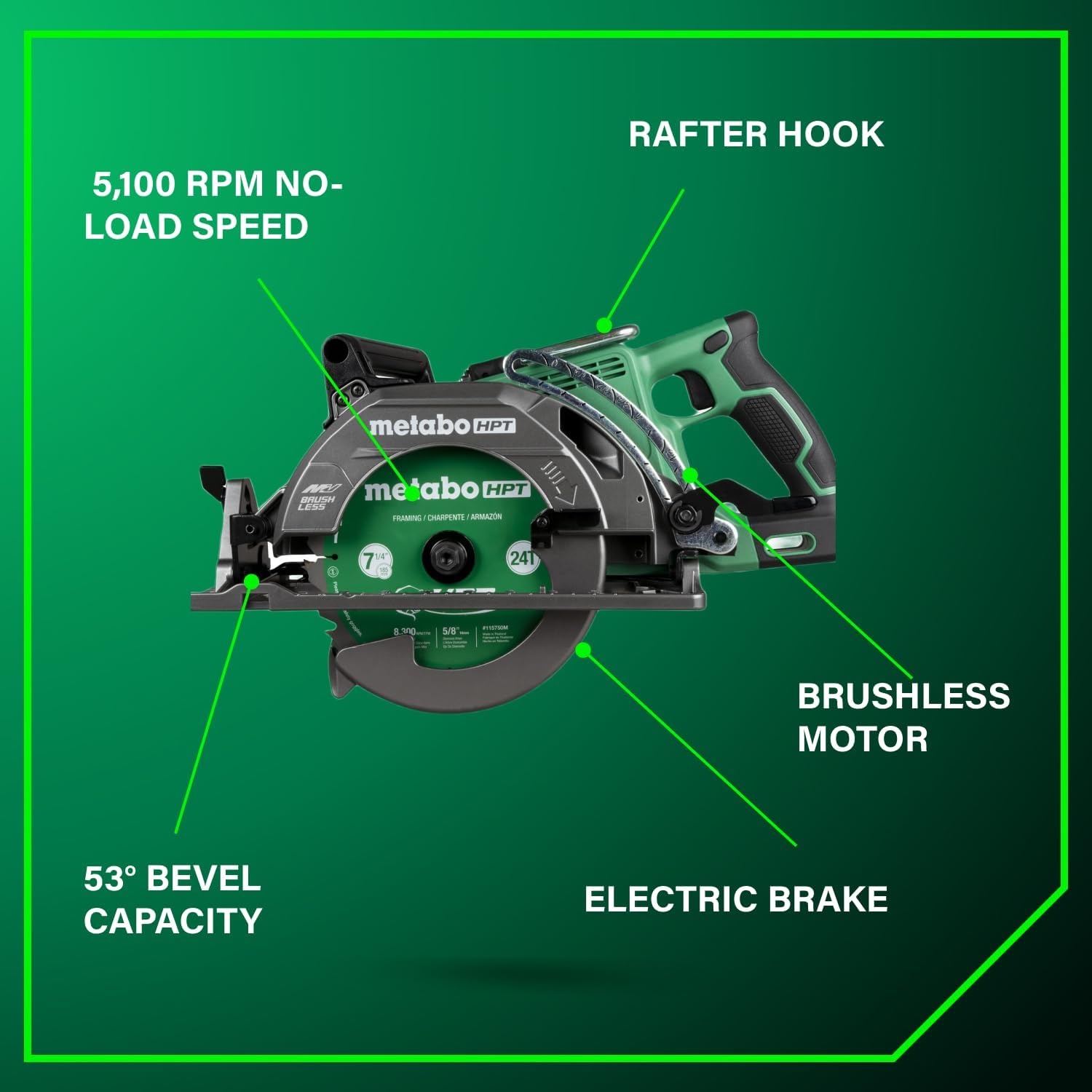 Metabo HPT 36V MultiVolt 7-1/4 Inch Rear Handle Circular Saw, Cordless Circular Saw with 36V Battery, Lightweight Design, 53° Bevel Capacity, Brushless Motor, Electric Brake, C3607DWA(36V MultiVolt™ Rear Handle Circular Saw Kit)