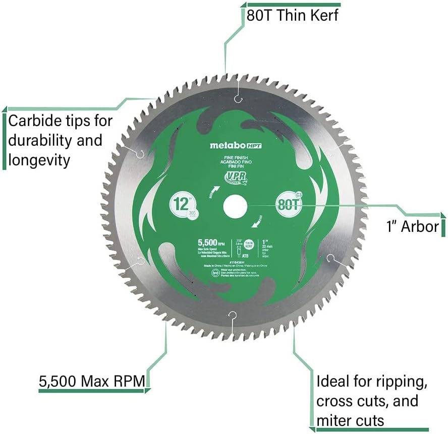 Metabo HPT 12-Inch Miter Saw Blade | 80T | Fine Finish | 1-Inch Arbor | Thin Kerf | 5500 Max RPM | 115436M