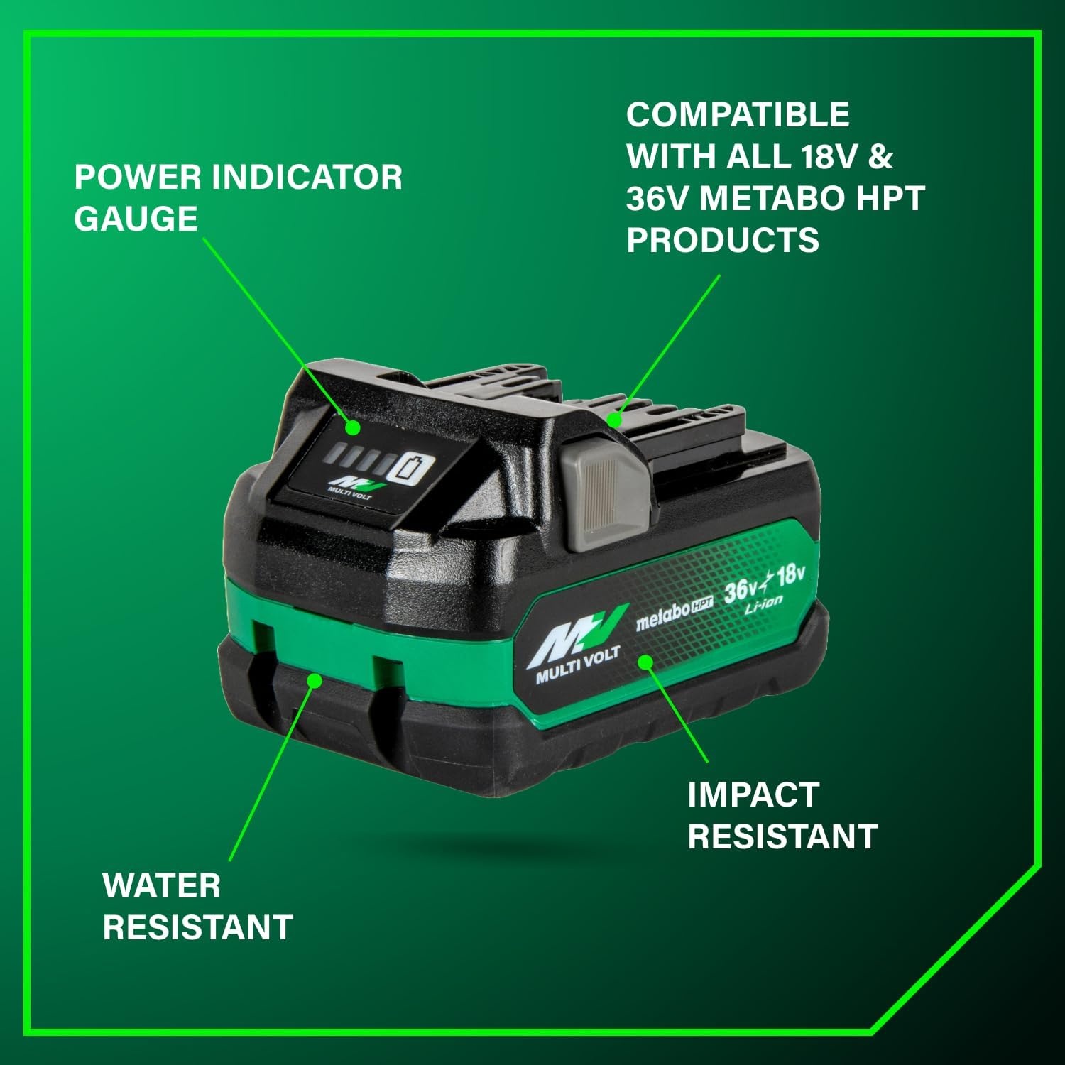Metabo HPT MultiVolt Battery | 36V/18V, 2.5Ah/5.0Ah, Lithium Ion, Slide Style | 371751M(Next Gen 18V/36V MultiVolt™ Battery)
