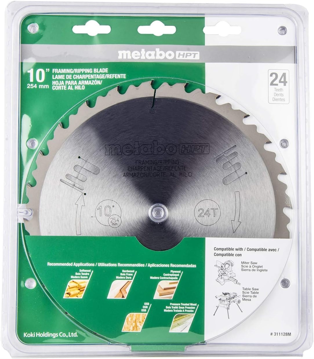 Metabo HPT Miter Saw/Table Saw Blade | 10 Inch, 24-Teeth | Tungsten Carbide Tipped | ATB | 5/8 Inch Arbor | 311128M