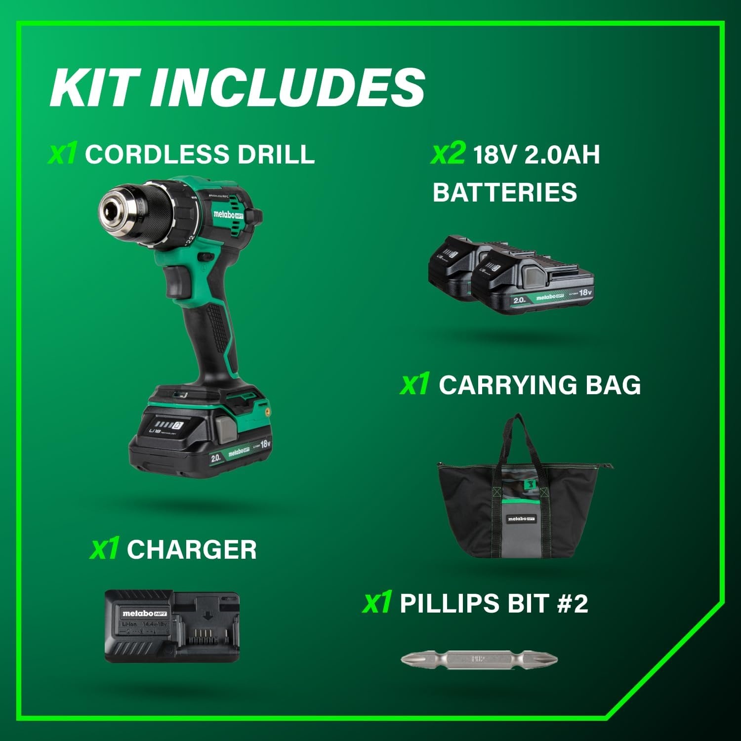 Metabo HPT 18V MultiVolt 1/2″ Cordless Brushless Driver Drill Kit, High Power Drill Set with Bag, 2 Lithium-Ion Metabo Batteries and Charger, Compact Lightweight Power Driver, DS18DEX(DS18DEX (Next Gen Model))