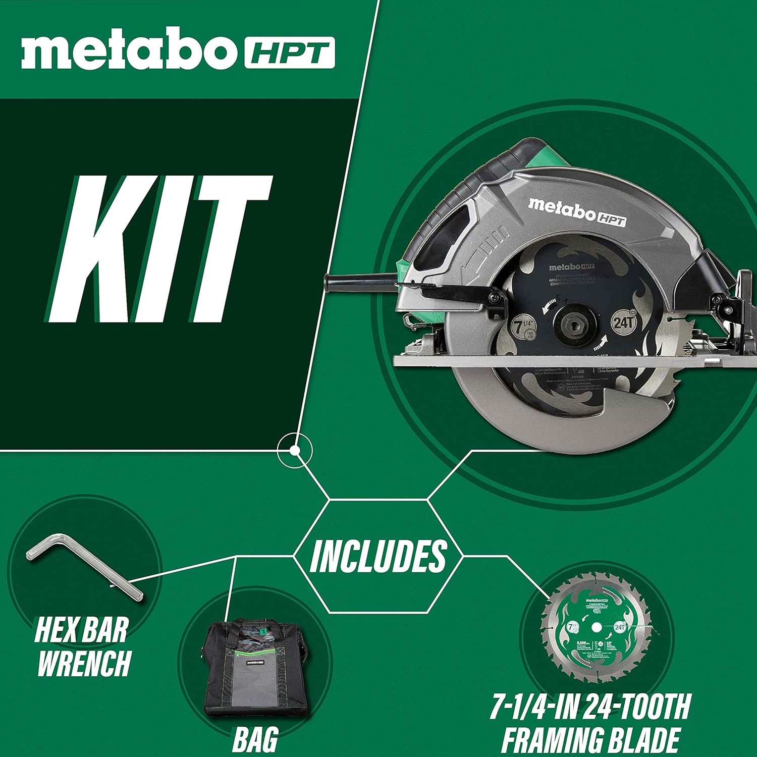 Metabo HPT 7-1/4-Inch Circular Saw Kit | 6,000 Rpm, 15-Amp Motor | Integrated Dust Blower | 24T Premium Framing/Ripping Blade | Single Handed Bevel Adjustment | C7SB3(Metabo HPT C7SB3 Circular Saw)