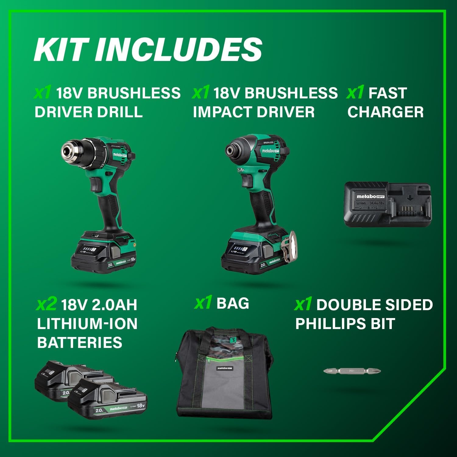 Metabo HPT 18V MultiVolt Cordless Brushless Driver Drill & Impact Driver Combo Kit, Power Tool Kit, 2 Lithium-Ion Metabo HPT Batteries and Charger, High Torque, Compact Lightweight Design, KC18DEXQB(KC18DEXQB Only)