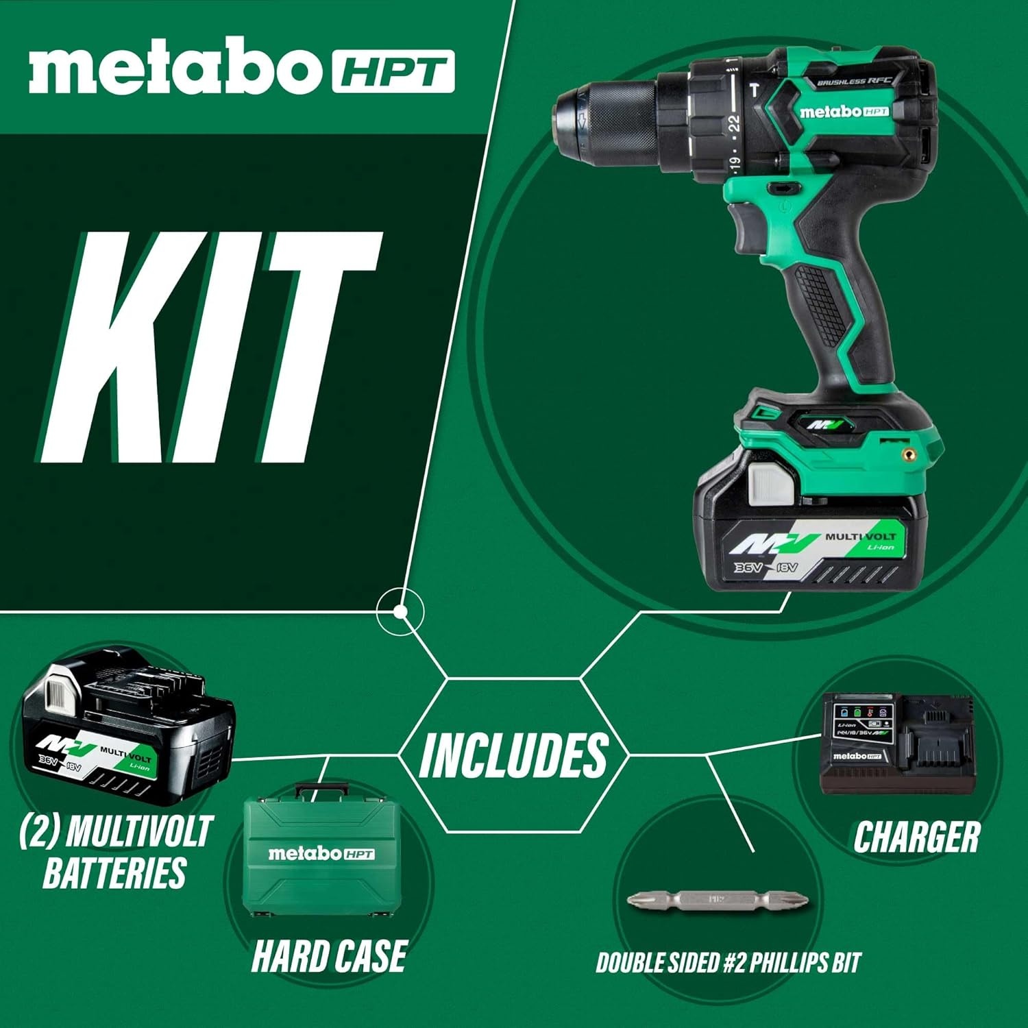 Metabo HPT 36V MultiVolt™ Cordless Brushless 1/2″ Hammer Drill Kit, Power Drill Kit with Lithium-Ion Metabo Batteries , Case and Charger, Compact Lightweight Power Tool, DV36DC(DV36DC Only)