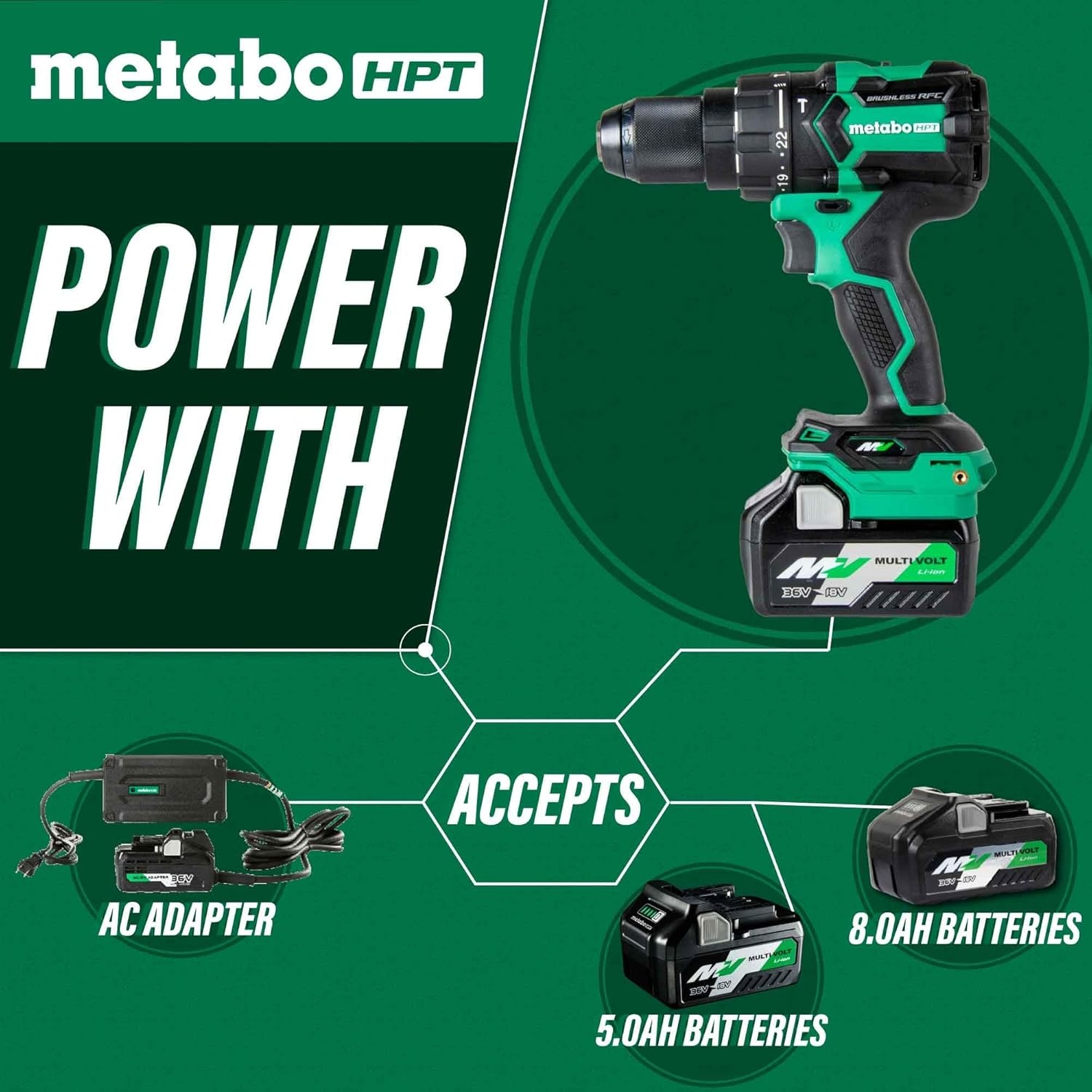 Metabo HPT 36V MultiVolt™ Cordless Brushless 1/2″ Hammer Drill Kit, Power Drill Kit with Lithium-Ion Metabo Batteries , Case and Charger, Compact Lightweight Power Tool, DV36DC(DV36DC Only)