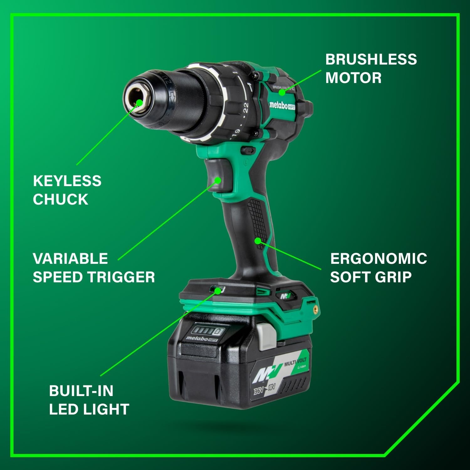 Metabo HPT 36V MultiVolt™ Cordless Brushless 1/2″ Hammer Drill Kit, Power Drill Kit with Lithium-Ion Metabo Batteries , Case and Charger, Compact Lightweight Power Tool, DV36DC(DV36DC Only)