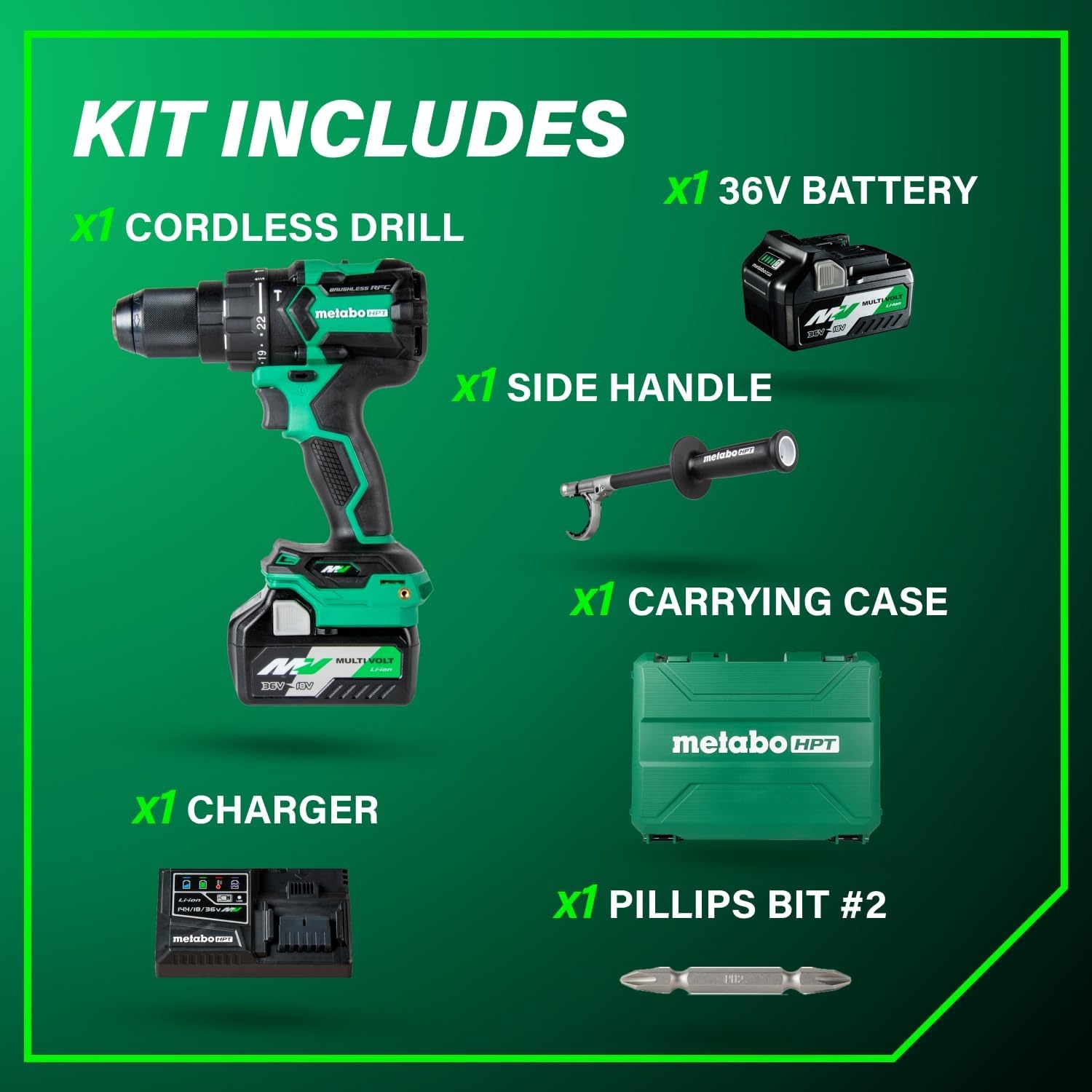 Metabo HPT 36V MultiVolt™ Cordless Brushless 1/2″ Hammer Drill Kit, Power Drill Kit with Lithium-Ion Metabo Batteries , Case and Charger, Compact Lightweight Power Tool, DV36DC(DV36DC Only)