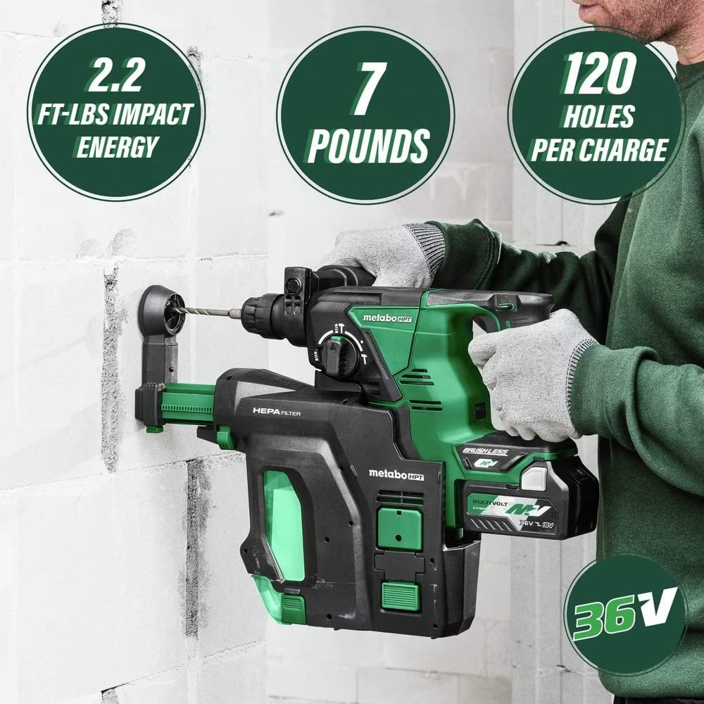 Metabo HPT 36V MultiVolt™ Cordless Rotary Hammer Drill (Tool Only – No Battery) | SDS Plus | 1-1/8-Inch | Reactive Force Control | 3 Modes | Optional AC Adapter | DH36DPAQ4