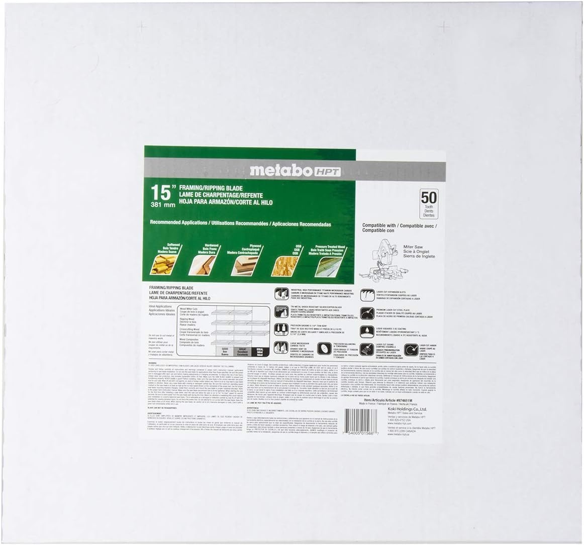 Metabo HPT Miter Saw Blade, 15″, Tungsten Carbide Tipped, 15″, 50-Teeth, ATB, 1″ Arbor (974651M)