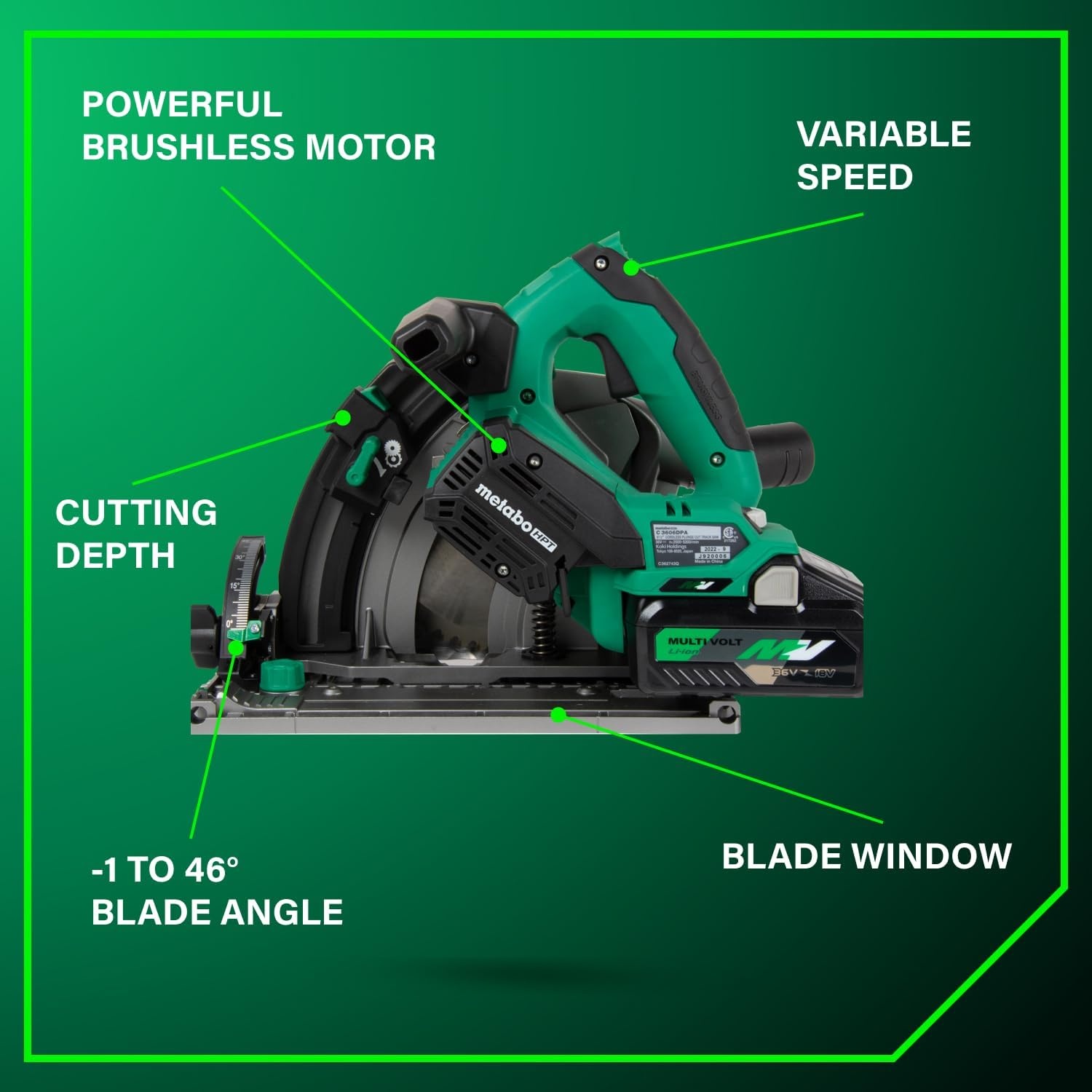 Metabo HPT 36V MultiVolt 6-1/2″ Cordless Track Saw Kit, Adjustable Bevel -1 to 46°, Over 2-1/2″ Cutting Depth, Lightweight Design, Includes 4.0Ah Metabo Battery and Rapid Charger, C3606DPA