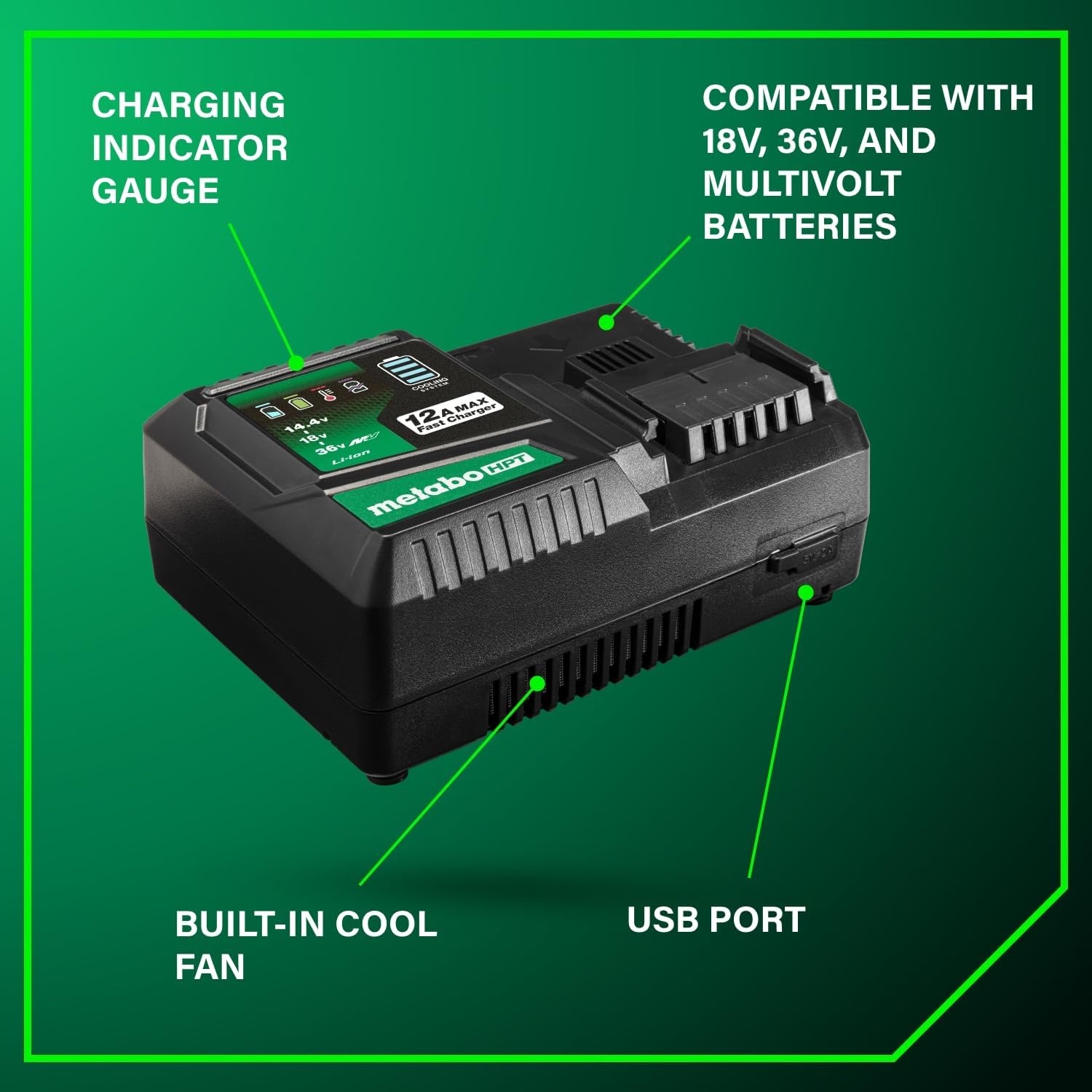 Metabo HPT 12.0A Quick Charger, 18V/36V MultiVolt Battery Charger, Fast Charging with USB Port, 50% Reduced Charging Times, Compatible with Metabo HPT 18V, 36V, and MultiVolt Batteries, UC36YSL2