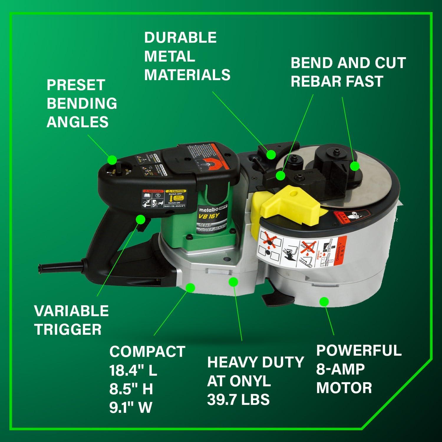 Metabo HPT Portable Rebar Bender and Cutter, 8-Amp Motor, Grade 60 rebar, Maximum 180° Angle, Variable Speed Trigger, Lightweight Design, Precision Bends and Cuts, VB16Y(Corded Electric)