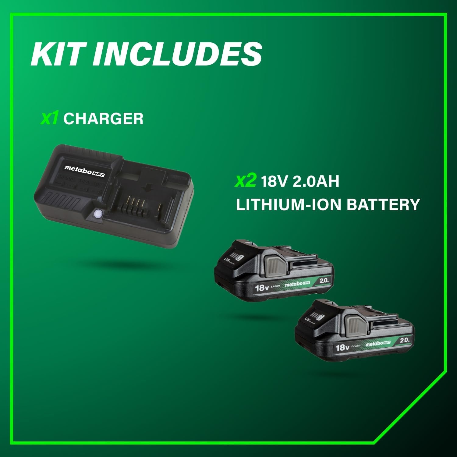 Metabo HPT 18V Lithium Ion Battery & Charger Kit, 2.0Ah Batteries with Charge Indicators, Lightweight Design, Long Lasting Power with 30% Longer Runtime, Multiplex Protection Circuit, UC18YKSLS