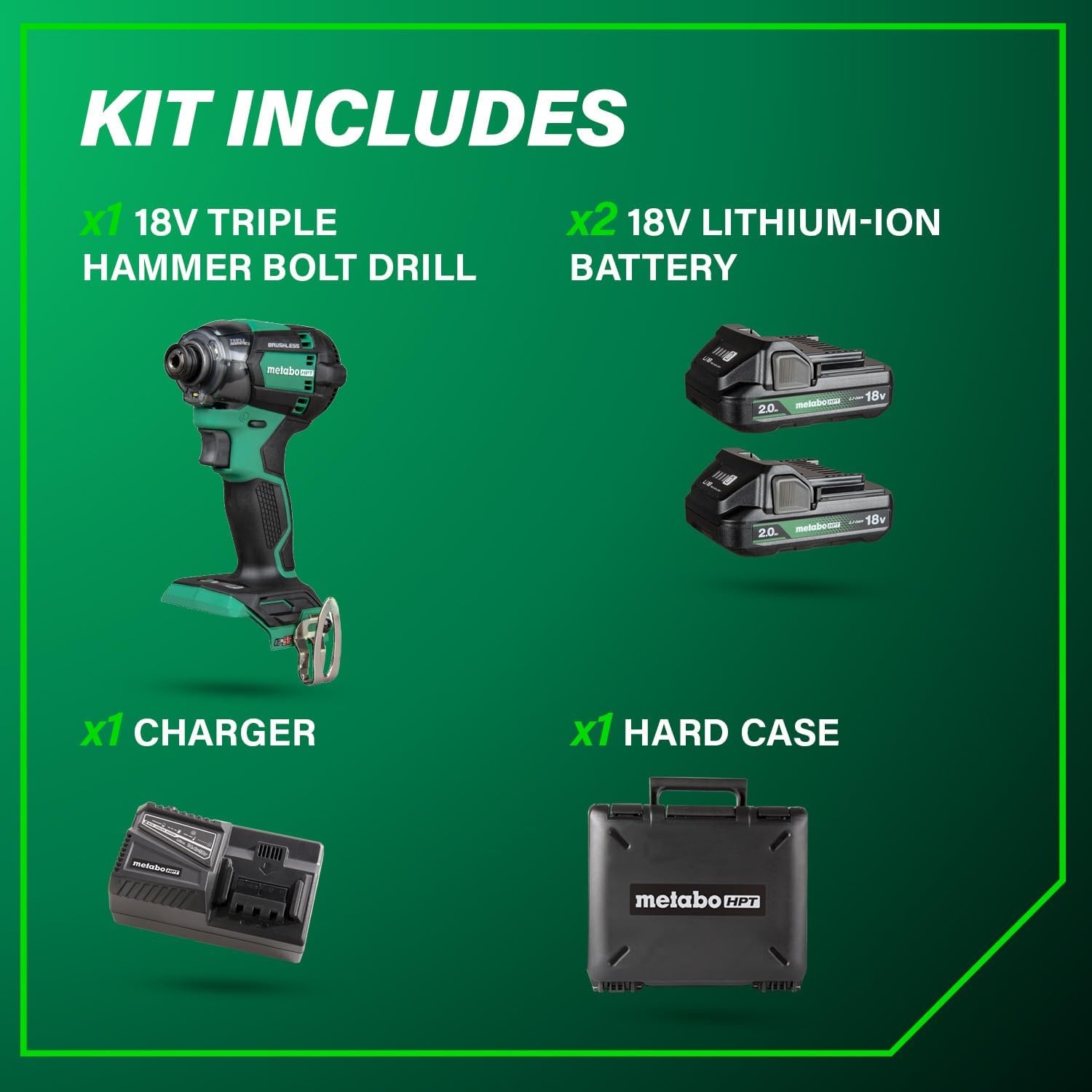 Metabo HPT 18V MultiVolt Cordless Triple Hammer BOLT Impact Driver Set, Power Impact Driver Kit with Case, 2 Lithium-Ion Batteries and Charger, 1/4-Inch Chuck, Compact LightWeight Power Tool, WH18DC(WH18DC (Next Gen Model))