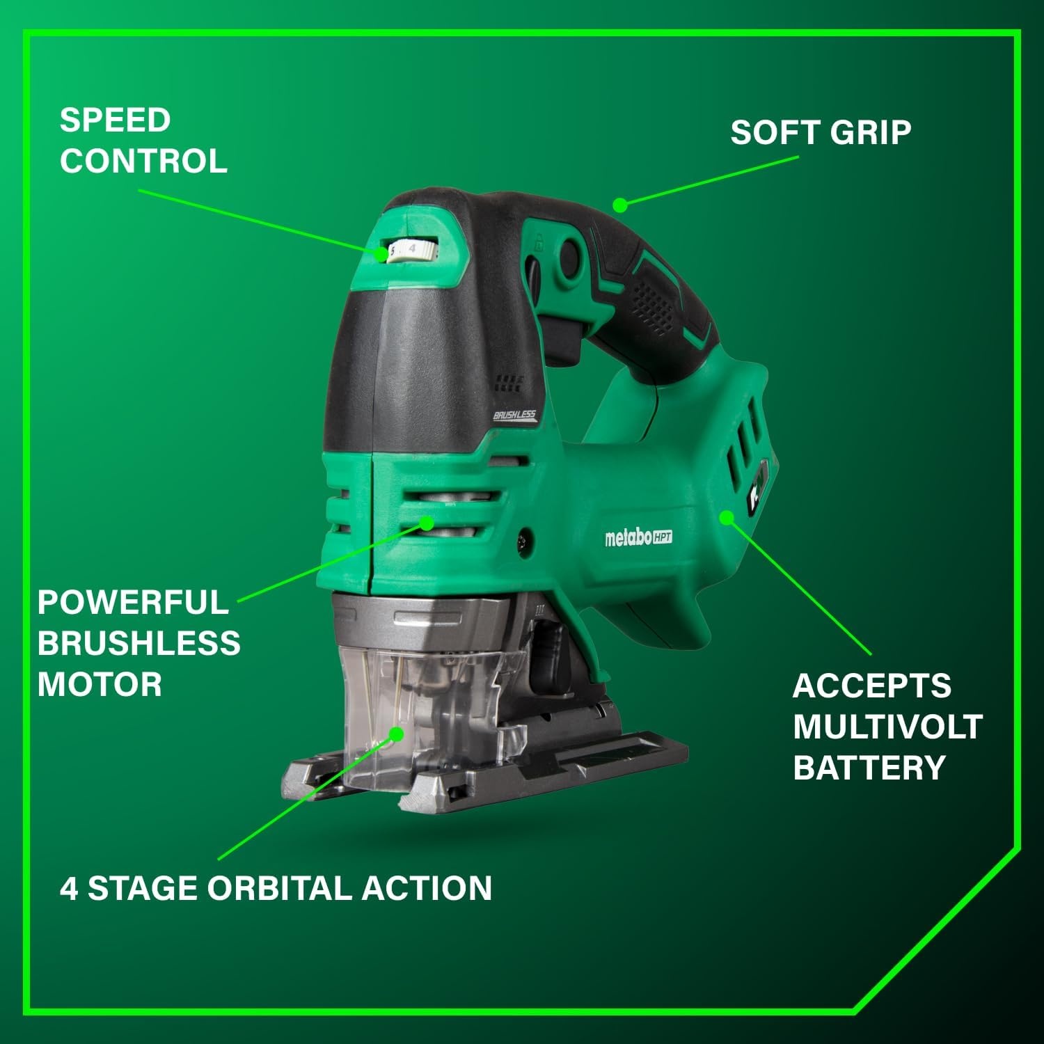 Metabo HPT 36V MultiVolt Cordless Brushless Orbital Jig Saw, Best in Class Cutting Performance, 4-Stage Orbital Action, Variable Speed Control, Lightweight Tool Design, Tool Body Only, CJ36DAQ4