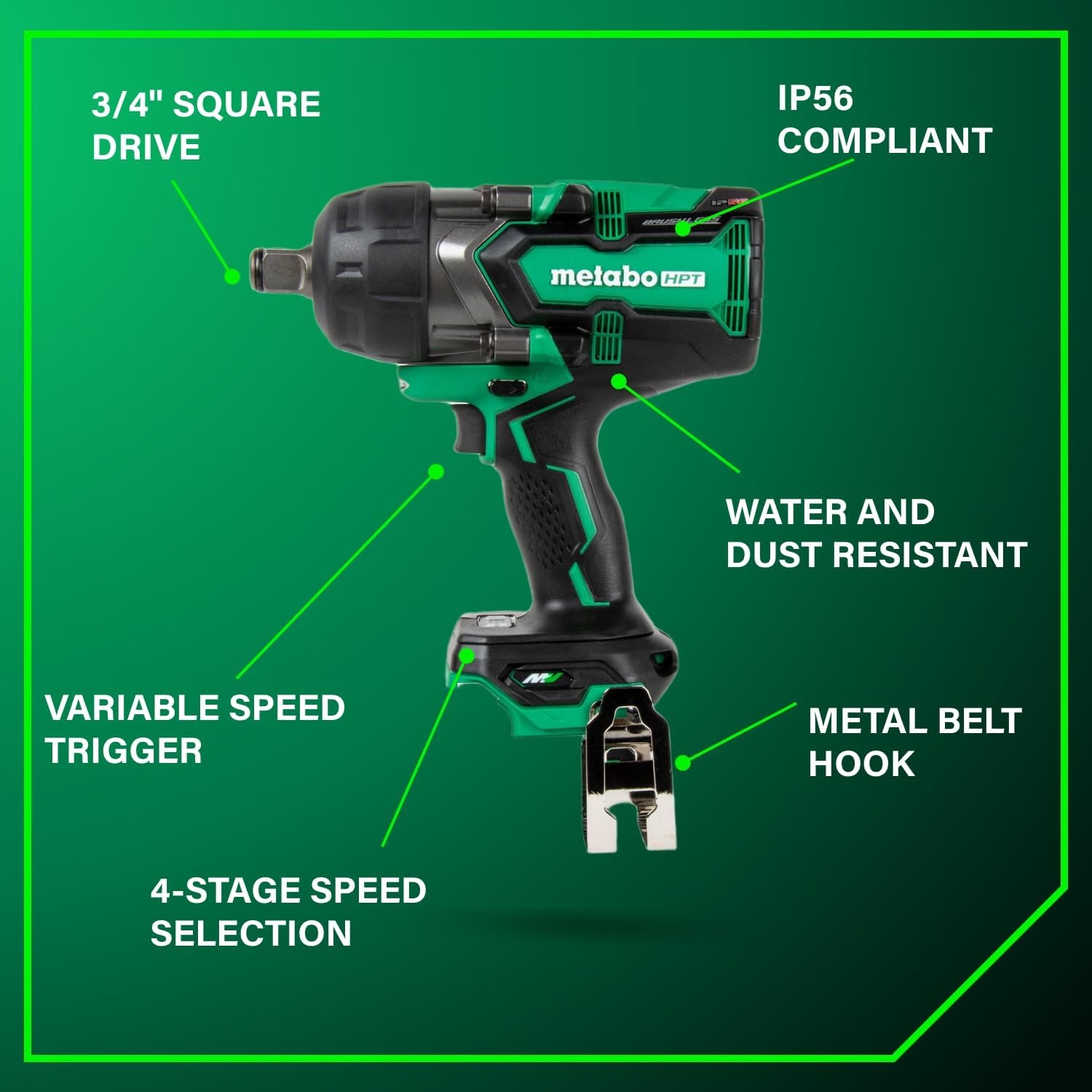 Metabo HPT 36V MultiVolt Cordless Brushless High Torque 3/4″ Impact Wrench, Accepts Any 18V/36V MultiVolt Battery, IP56 Compliant, High Performance Power Tool, Tool Body Only, WR36DFQ4