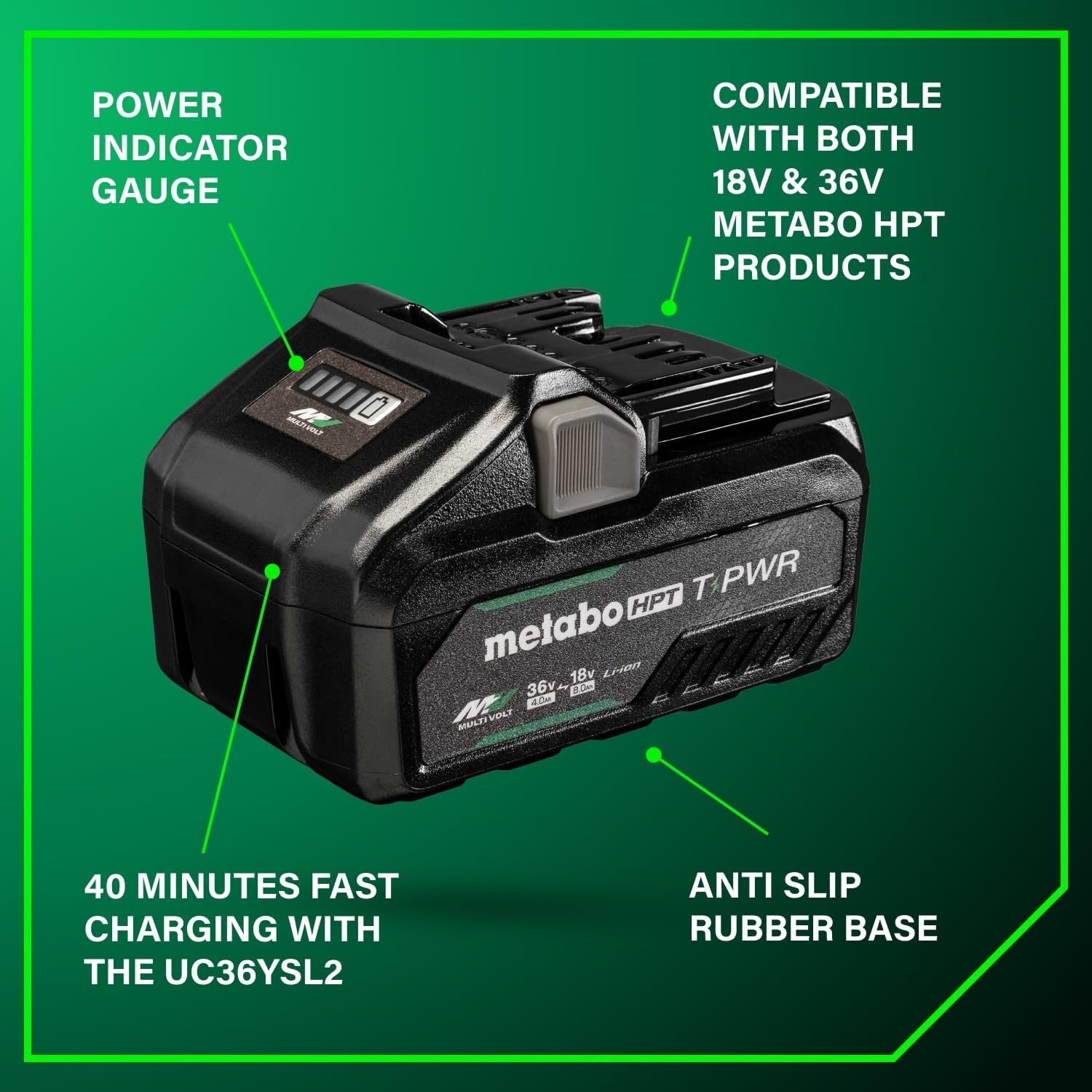 Metabo HPT 36V/18V T-PWR MultiVolt Battery, High Performance 21700 Lithium-Ion Battery Cell, 2160W Maximum Output, Quick Charging, Longer Runtime, 381991M (BSL3640MVT)
