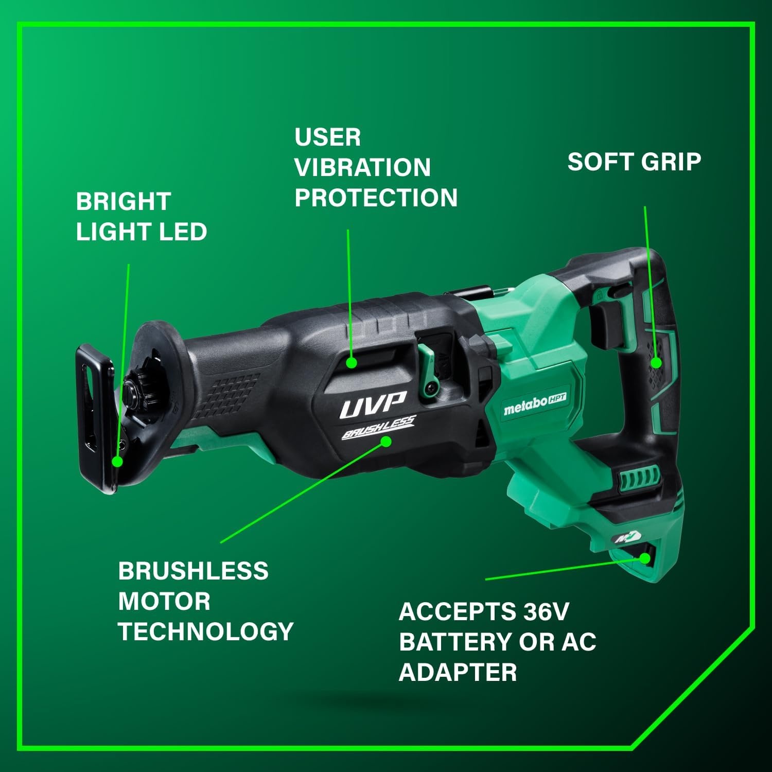 Metabo HPT 36V MultiVolt Cordless Reciprocating Saw, 4-Stage Speed Selector, 1,700 SPM to 3,000 SPM, Orbital Action, Low Vibration, Hybrid Power Option, Metal Rafter Hook, Tool Body Only, CR36DAQ4(w/ 36V MultiVolt Recip Saw (Tool Only))