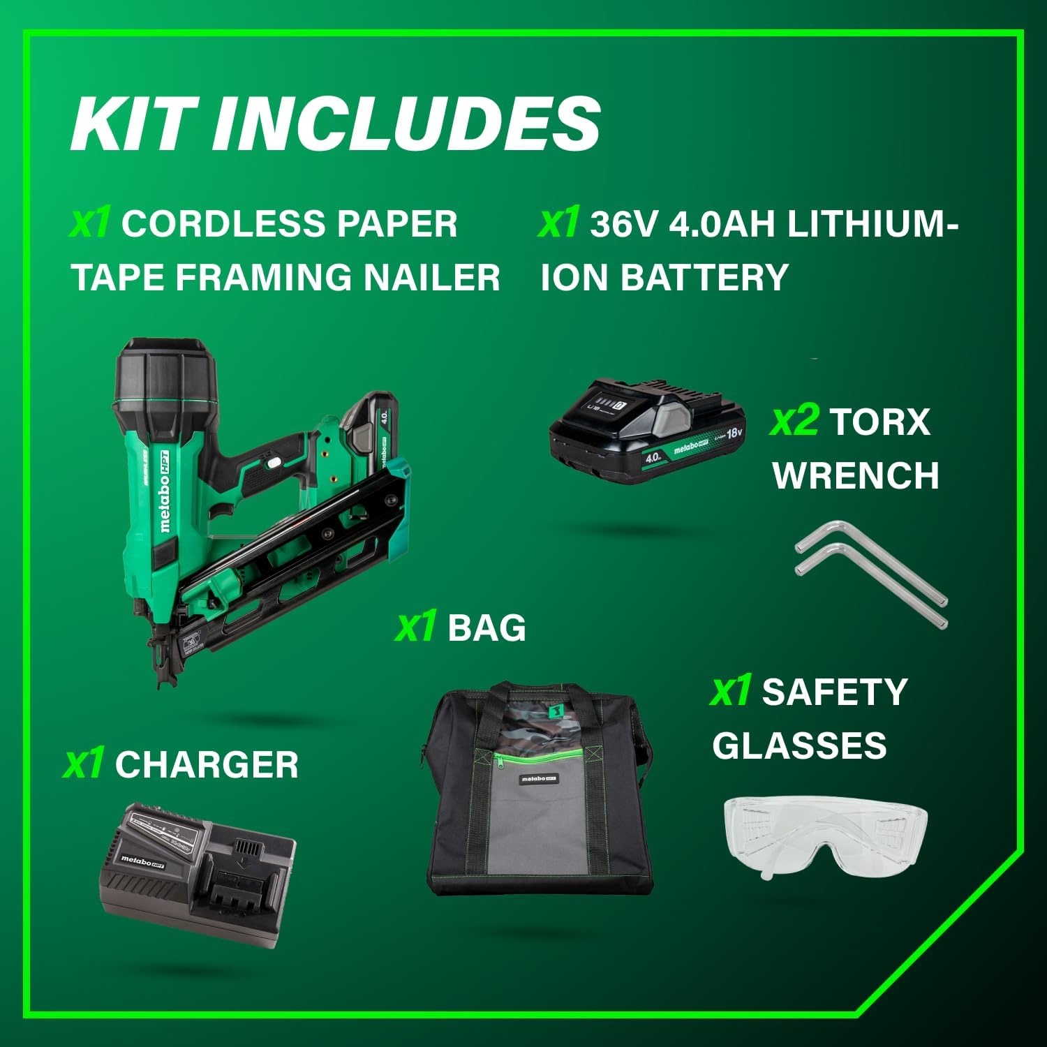 Bundle of Metabo HPT Cordless Framing Nailer, 18V – 4.0 Ah, MultiVolt™, 30 Degree, 3-1/2-Inch Paper Tape Nails, NR1890DCA + Metabo HPT 18V/36V MultiVolt™ Battery | 2.5Ah / 5.0Ah | 380083M