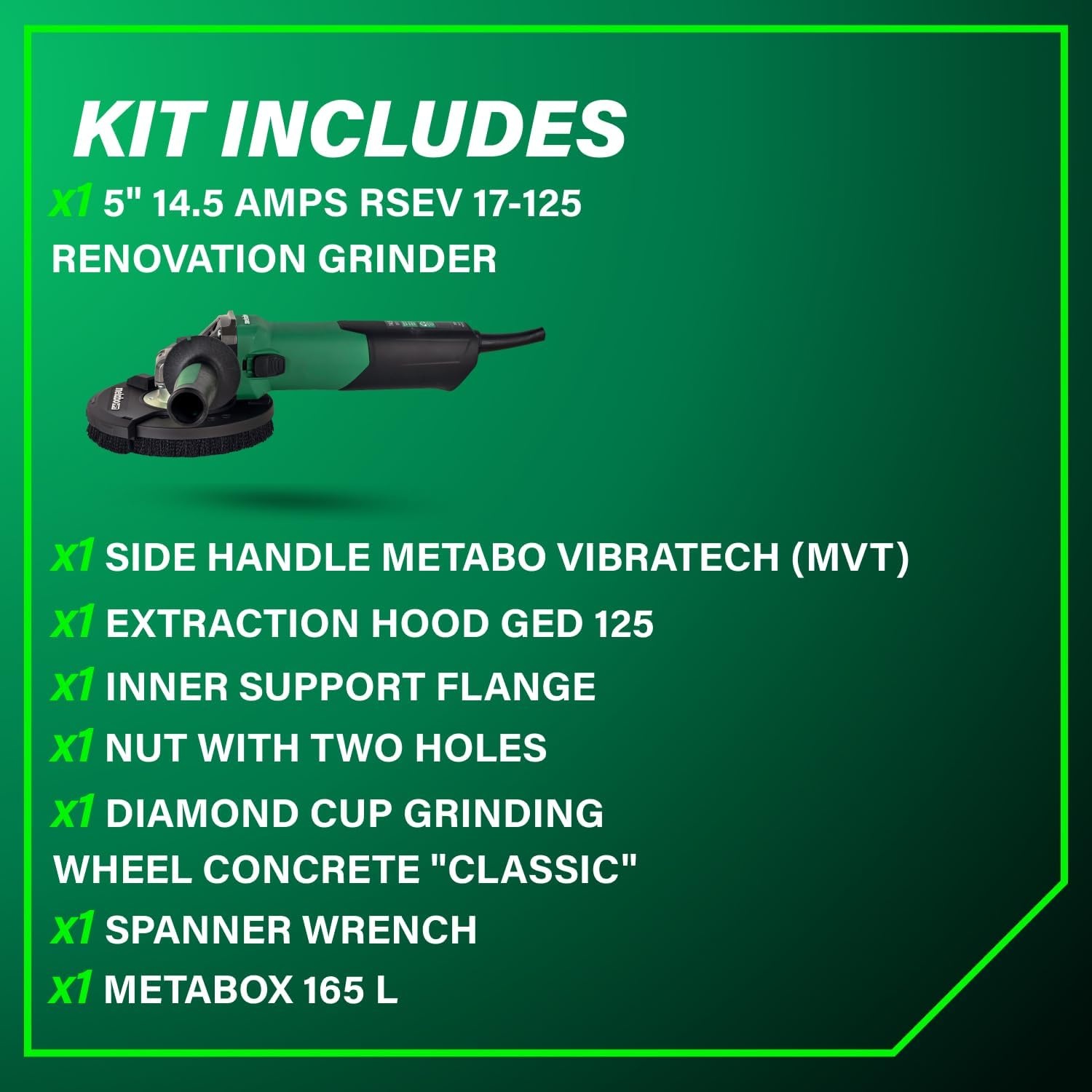 Metabo HPT RSEV 17-125 5-Inch Concrete Renovation Grinder Kit, High Torque, 14.5 Amp LongLife Motor, Vario Tacho Constamatic Control, Anti-Vibration Handle, Made in Germany, 646829620(Metabo HPT RSEV 17-125 Set)