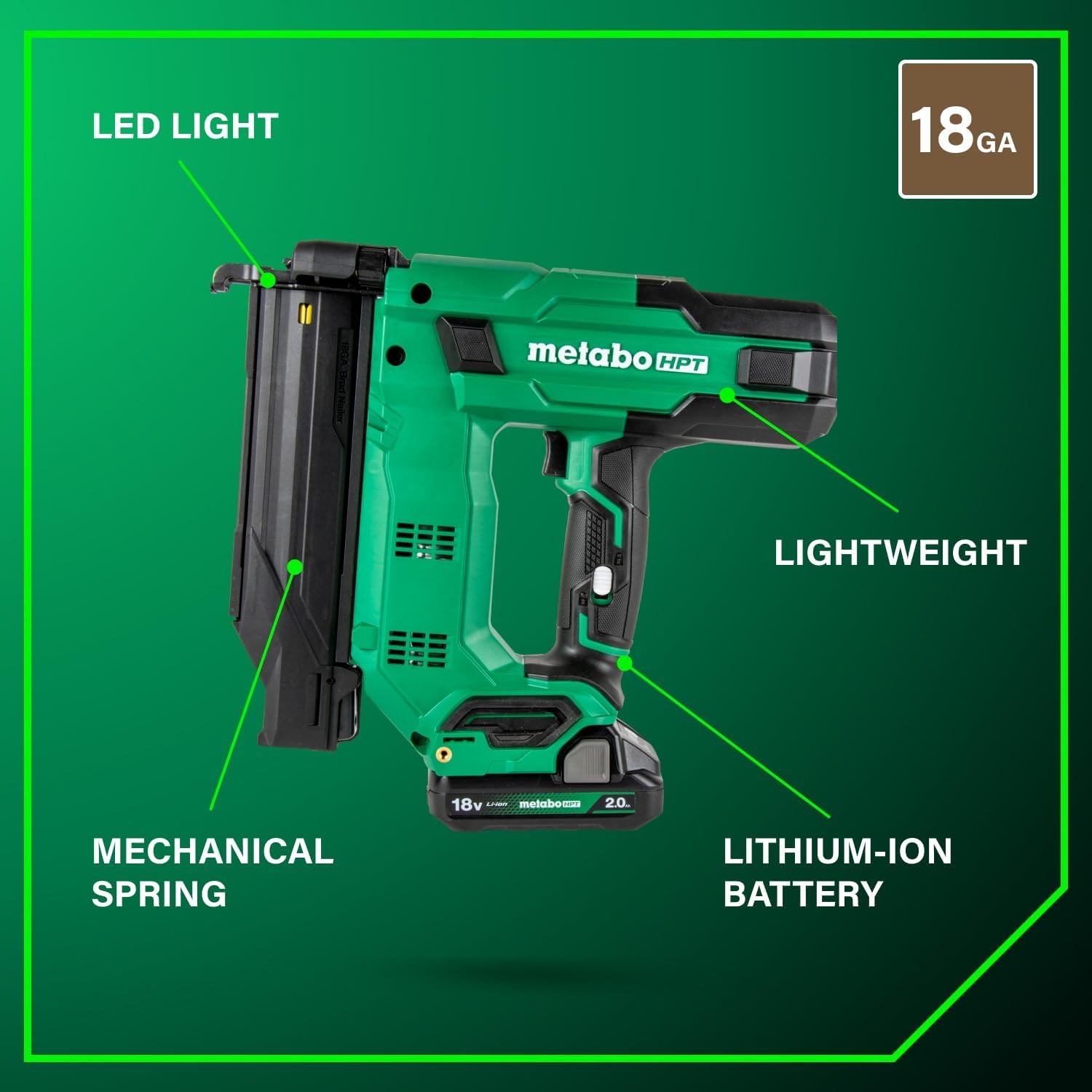 Metabo HPT 18V Compact Cordless Brad Nailer, 18 GA, Tool Only, NT1850DGQ4