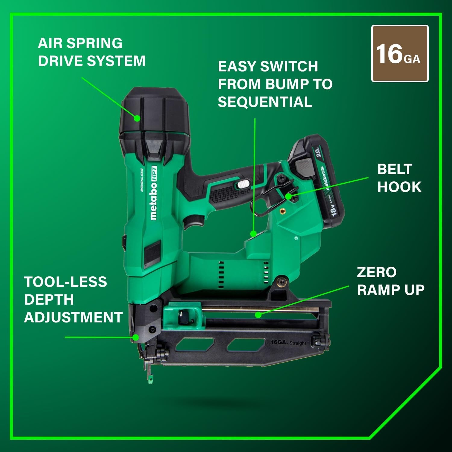Bundle of Metabo HPT Cordless Finish Nailer Kit, 18V MultiVolt™, 16 Gauge Straight, NT1865DSA + Metabo HPT 18V/36V MultiVolt™ Battery | 2.5Ah / 5.0Ah | 380083M