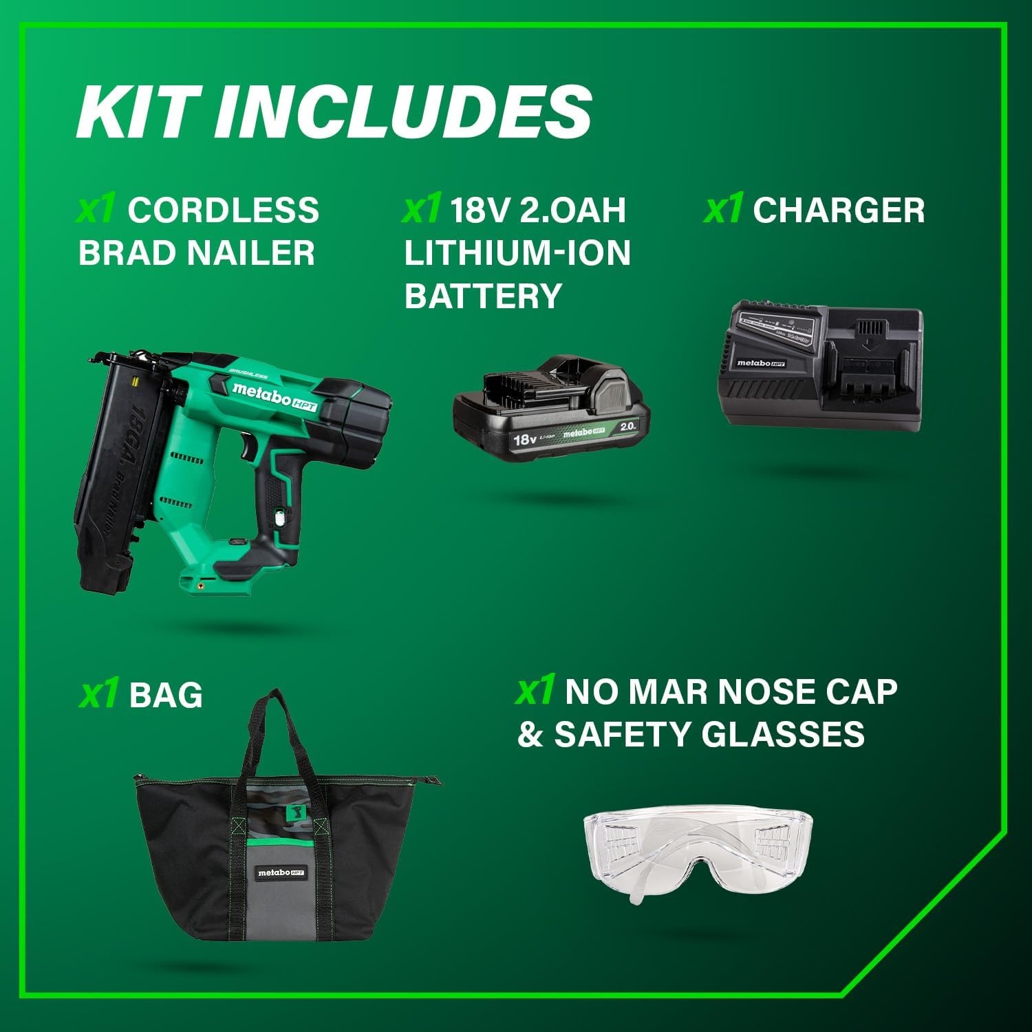 Metabo HPT 18V MultiVolt Brushless Compact Cordless Brad Nailer Kit, 18 Gauge Nailer with Power Tool 2.0Ah Lithium Ion Battery, Drives 5/8″ to 2″ Brad Nails, NT1850DFT(NT1850DFT)