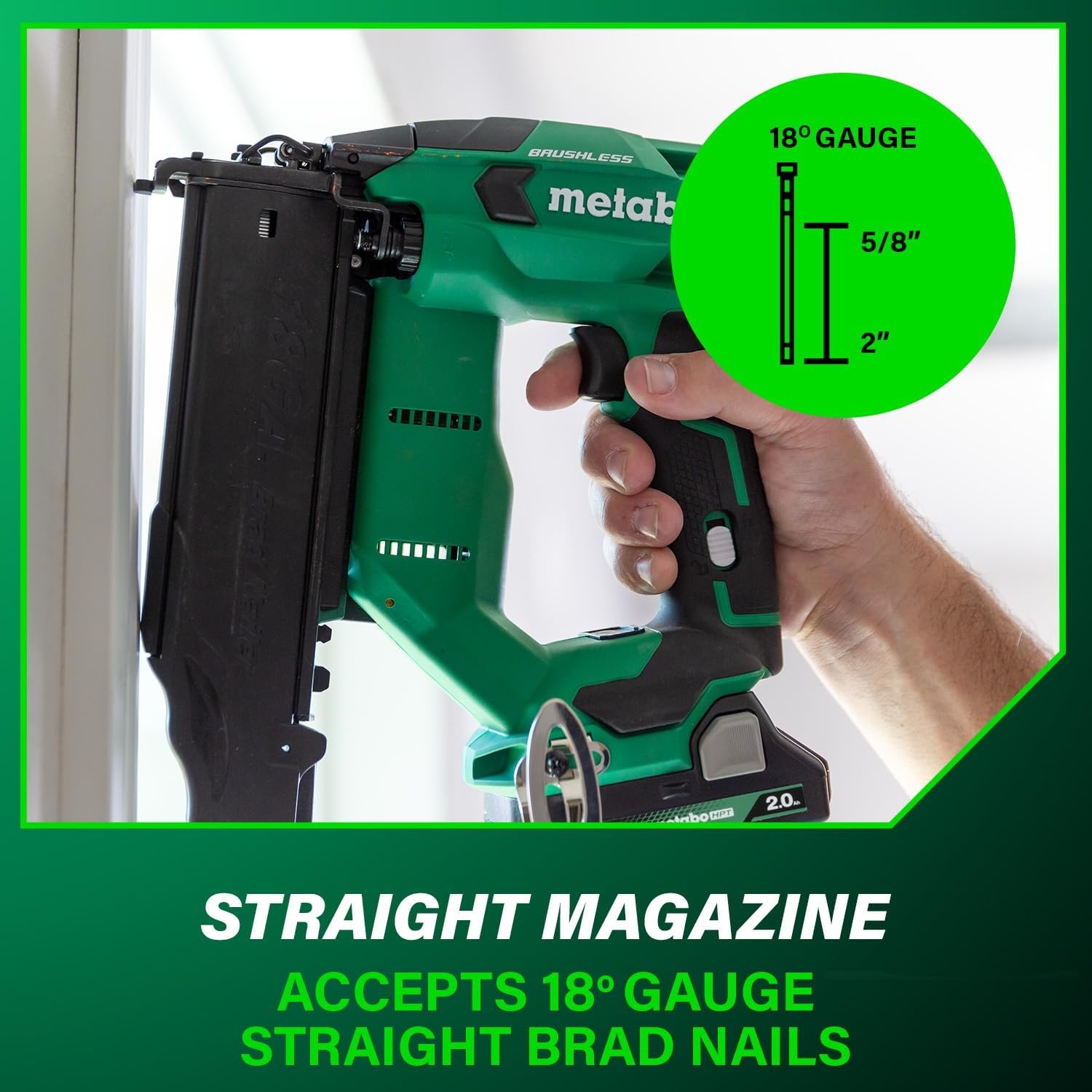 Metabo HPT 18V MultiVolt Brushless Compact Cordless Brad Nailer Kit, 18 Gauge Nailer with Power Tool 2.0Ah Lithium Ion Battery, Drives 5/8″ to 2″ Brad Nails, NT1850DFT(NT1850DFT)