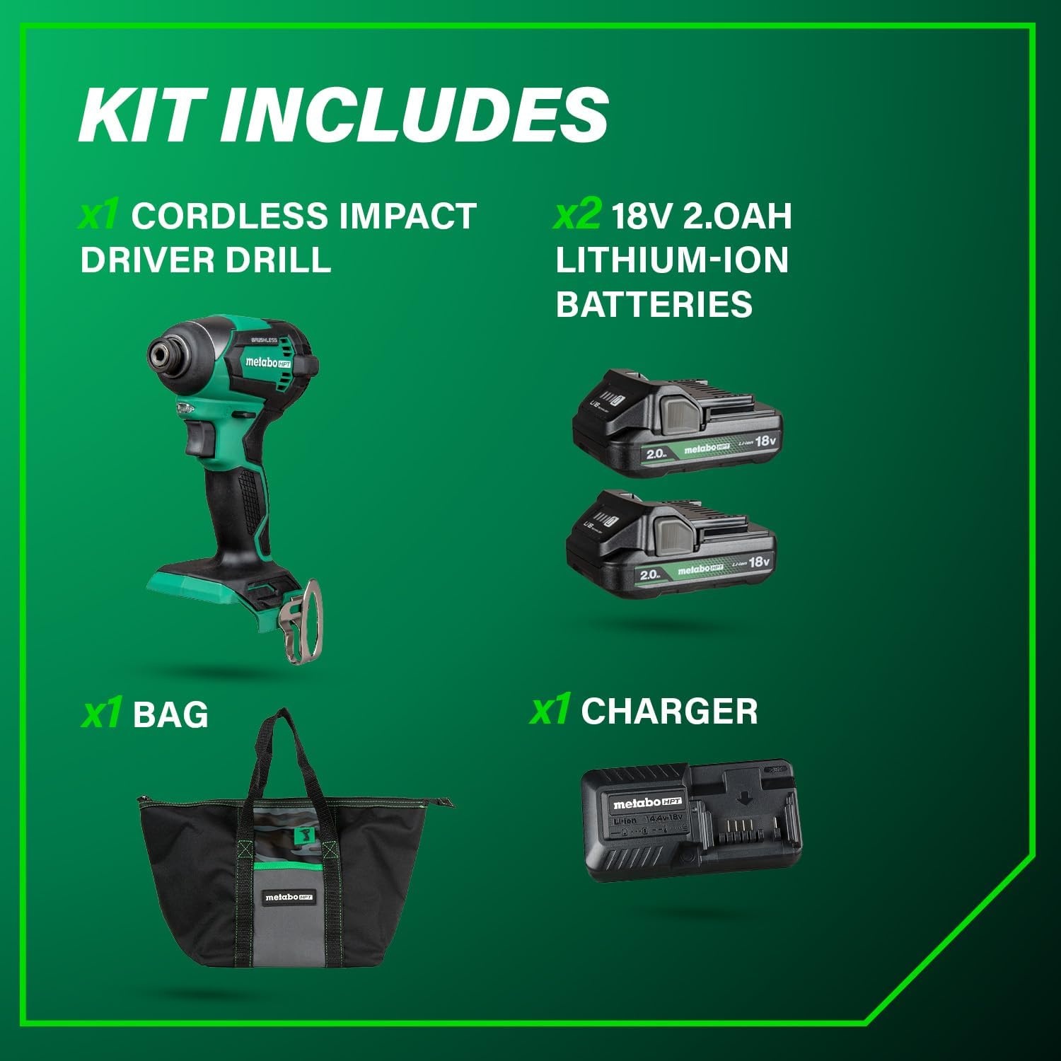 Metabo HPT 18V MultiVolt Cordless Brushless Impact Driver Kit, Compact Lightweight Impact Driver Set with 2 Lithium-Ion Metabo Batteries, Charger, 1/4-Inch Quick Change Chuck, High Torque, WH18DEX