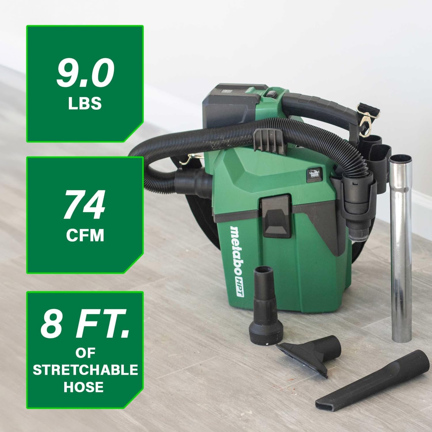 Metabo HPT 18V Cordless Wet/Dry Vacuum, 1.6 Gallon HEPA Filter Vacuum, Powerful 74 CFM Airflow, 8 ft. of Stretchable Hose, Eco and Boost Modes, Lightweight Design, Tool Body Only, RP18DAQ4(RP18DAQ4 Only)